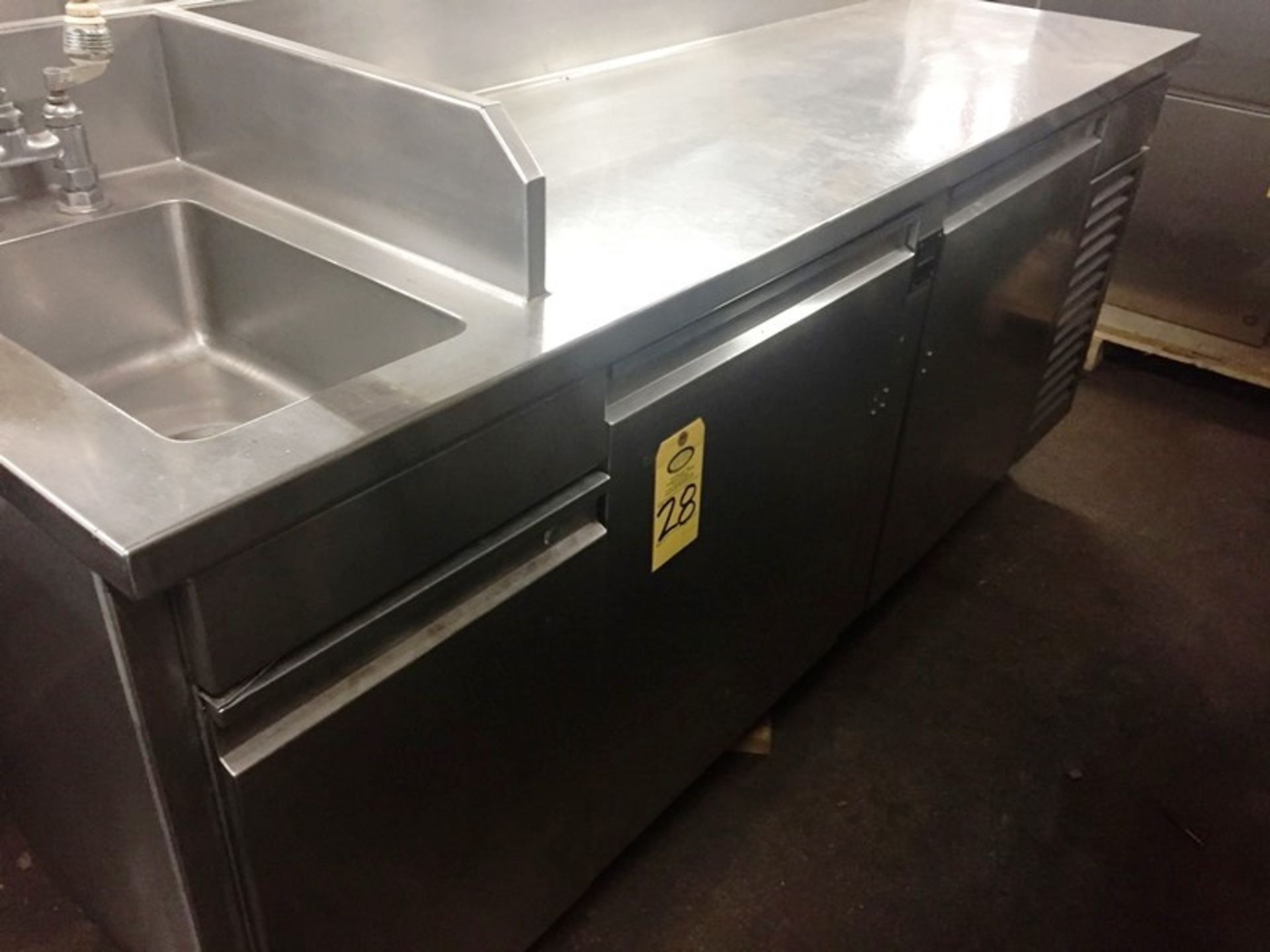 Stainless Steel Prep Table, 2-door, with sink, 66" L X 23" D work top, overall dimensions 83" L ***A