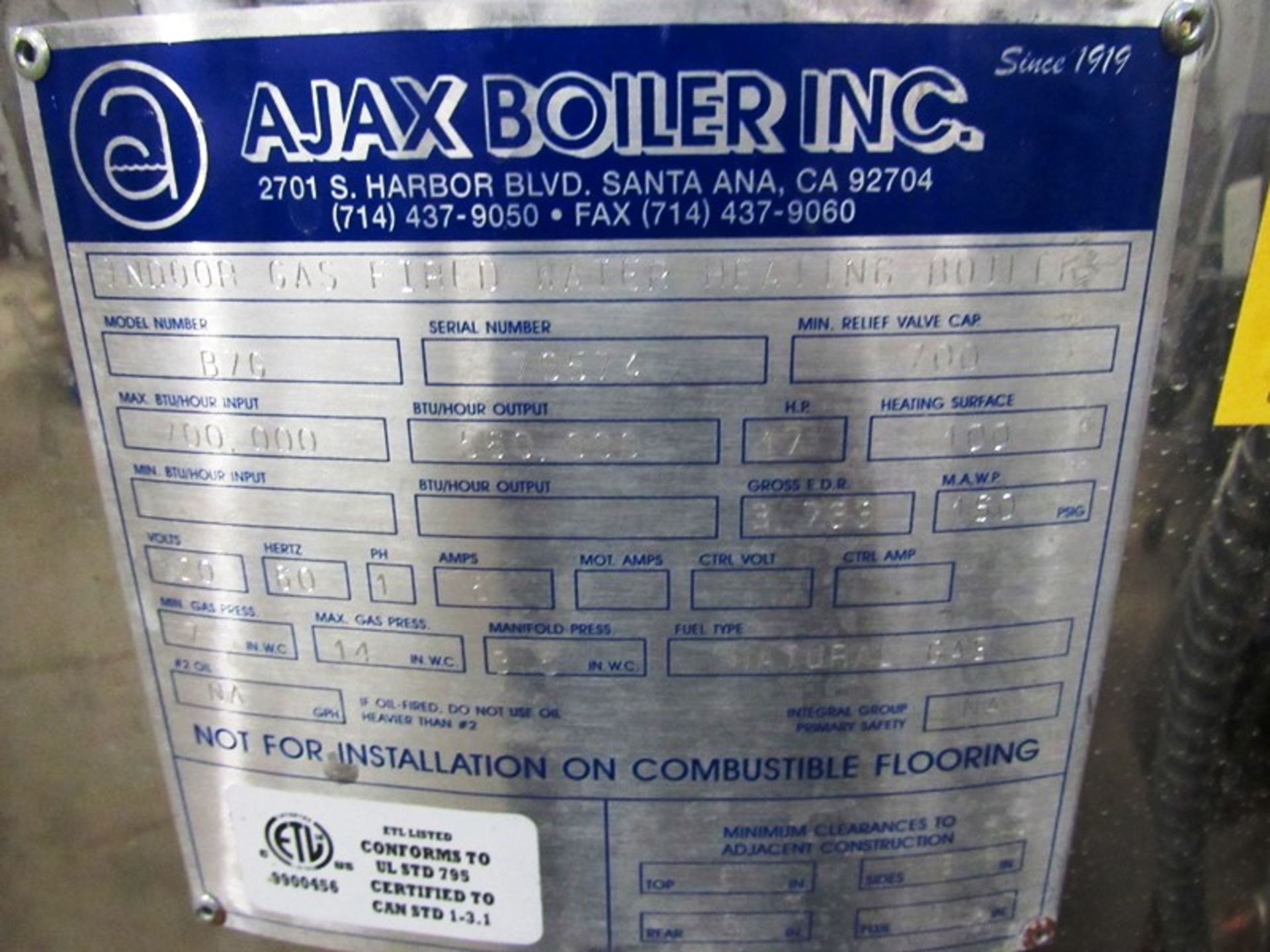 Ajax Mdl. B7G Indoor Gas Fired Water Boiler, Max BTU/Hr 700,000, max output 560,000 BTU/hr., heating - Image 4 of 4