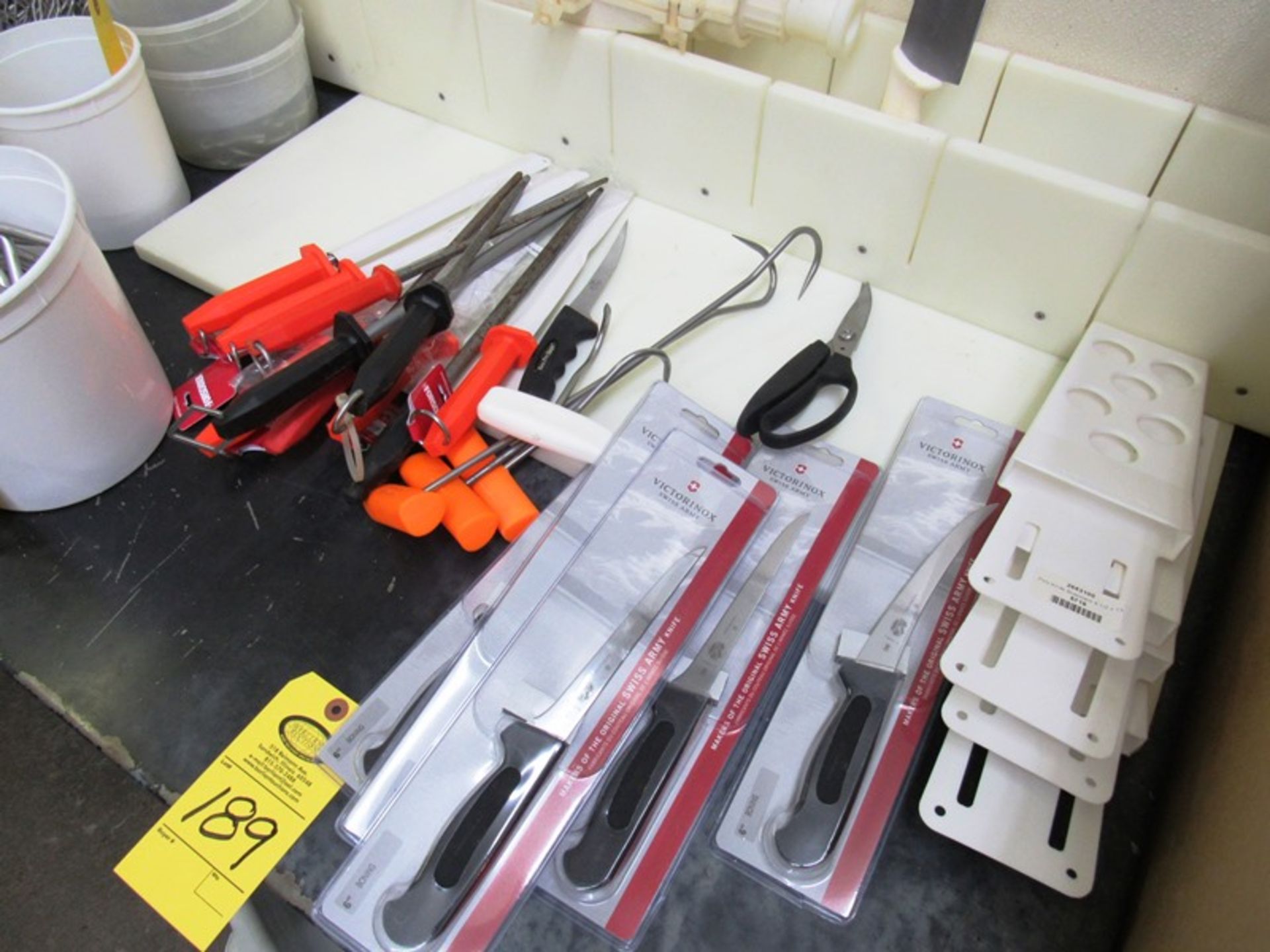 Lot of Knives, Sharpening Steels, Hand Hooks, (5) New Victorino 6" Boning Knives, (4) New Scabard( - Image 2 of 2