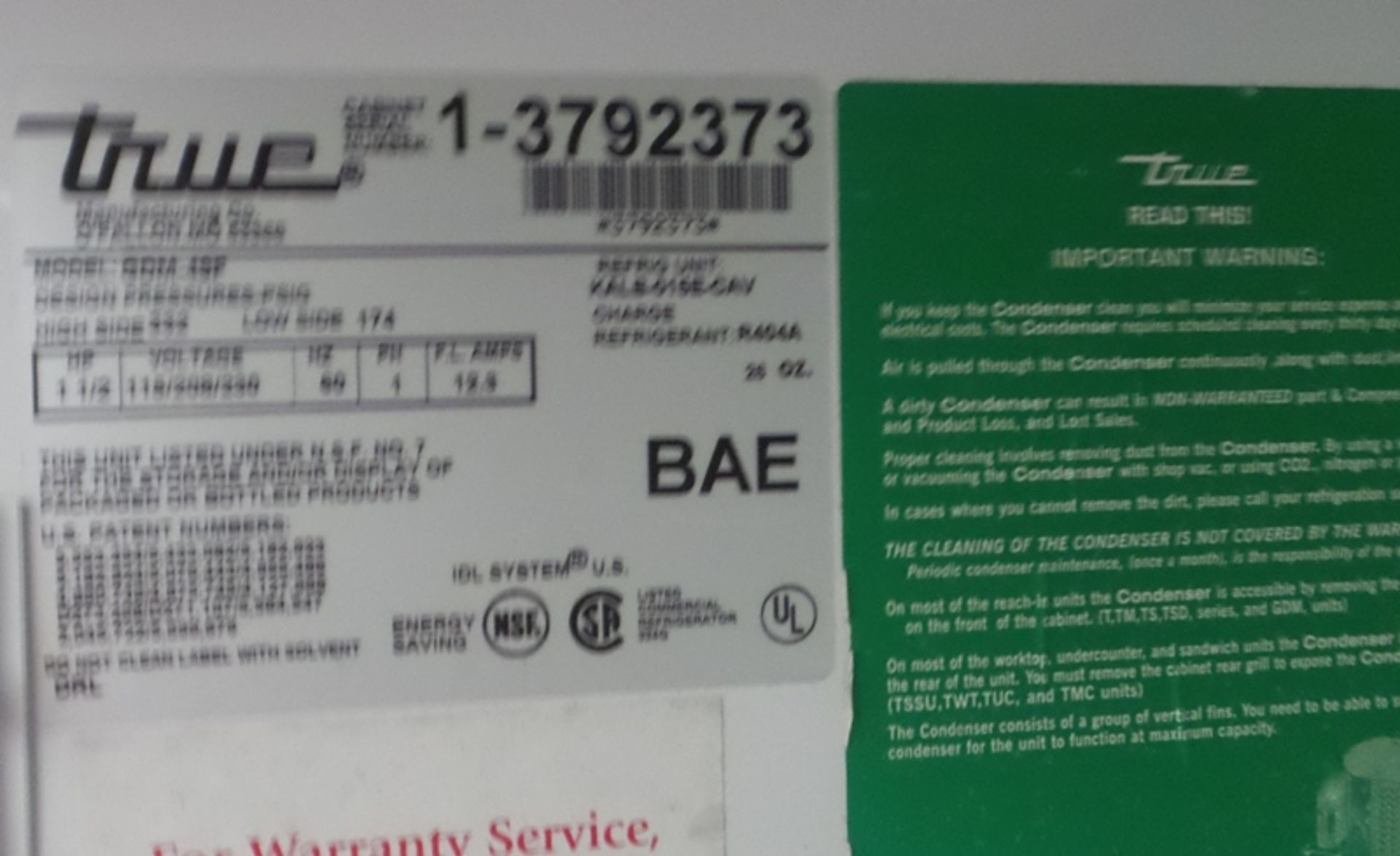 True 2 Door Freezer, Model GDM-42F, SN 1-3792373, will go down to -15º F(All Funds Must Be - Image 5 of 6