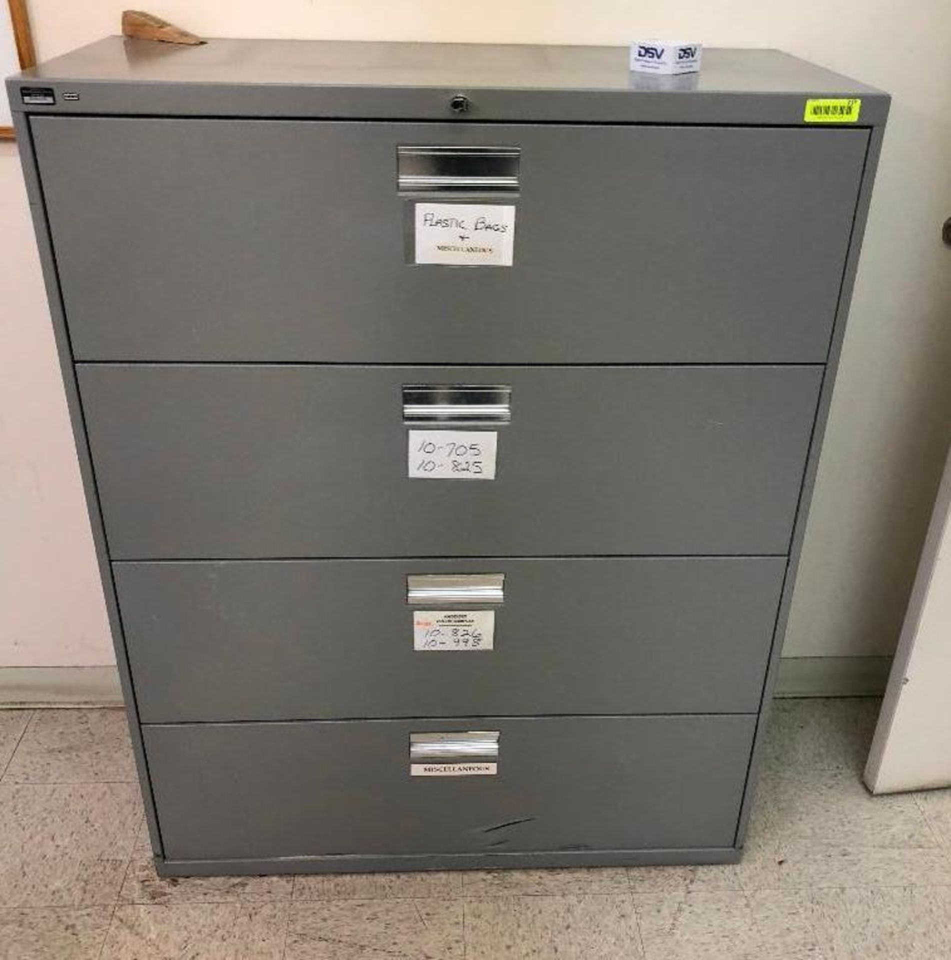 DESCRIPTION: 42 INCH FOUR DRAWER LATERAL FILE CABINET ( GREY ) LOCATION: ASSEMBLY ROOM OFFICE QTY: 1