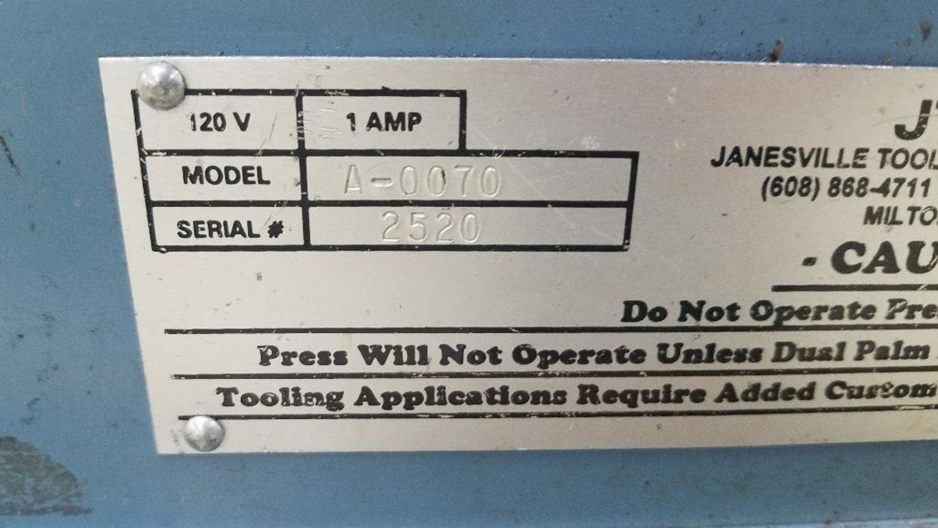 DESCRIPTION: JT&M PNEUMATIC PRESS W/ TWO HAND ANTI TIE DOWN CIRCUIT LOCATION: ASSEMBLY ROOM QTY: 1 - Image 3 of 3