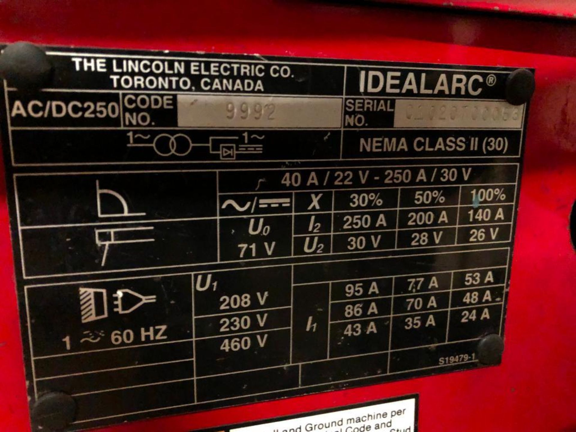 DESCRIPTION ARC WELDER BRAND/MODEL LINCOLN IDEALARC 250 ADDITIONAL INFO 230V/208V, 1 PHASE QUANTITY: - Image 5 of 5