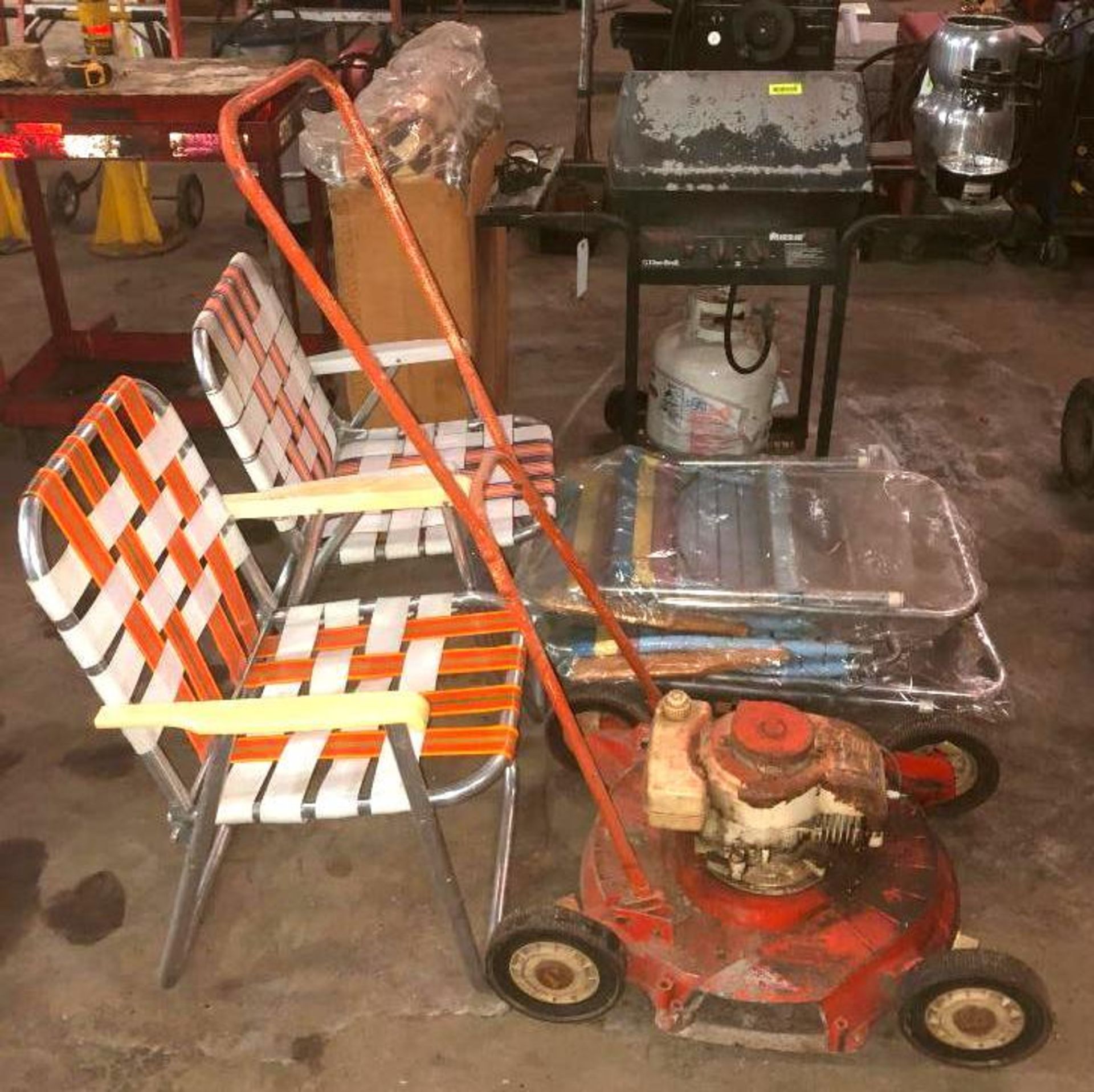 DESCRIPTION ASSORTED OUTDOOR PACKAGE (LAWN MOWER, GRILL, LAWN CHAIRS, ETC.) THIS LOT IS ONE MONEY QU