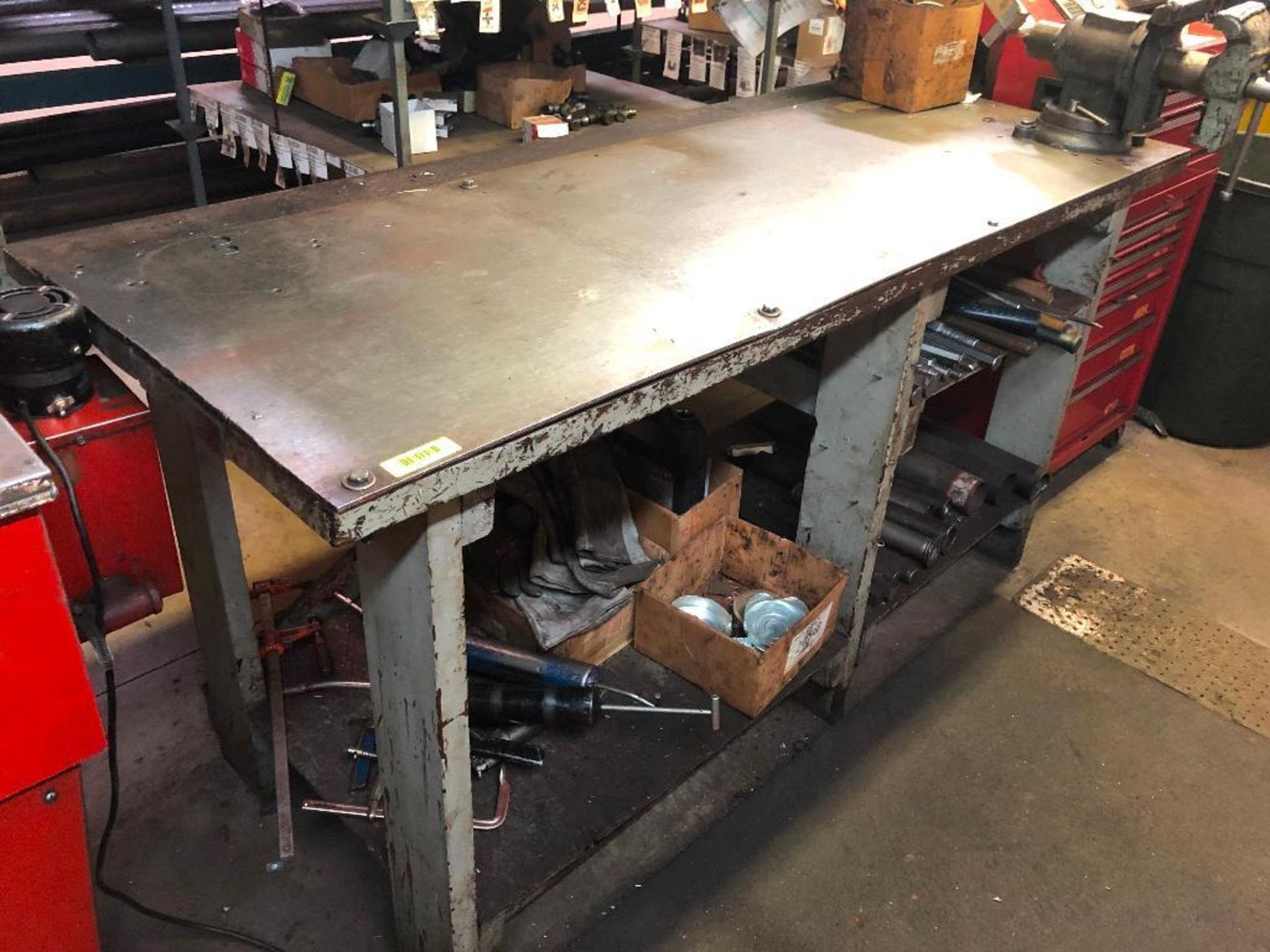 DESCRIPTION: 70" X 29" STEEL WORK TABLE W/ 4" MOUNTED VICE SIZE: 70" X 29" LOCATION: WAREHOUSE QTY: