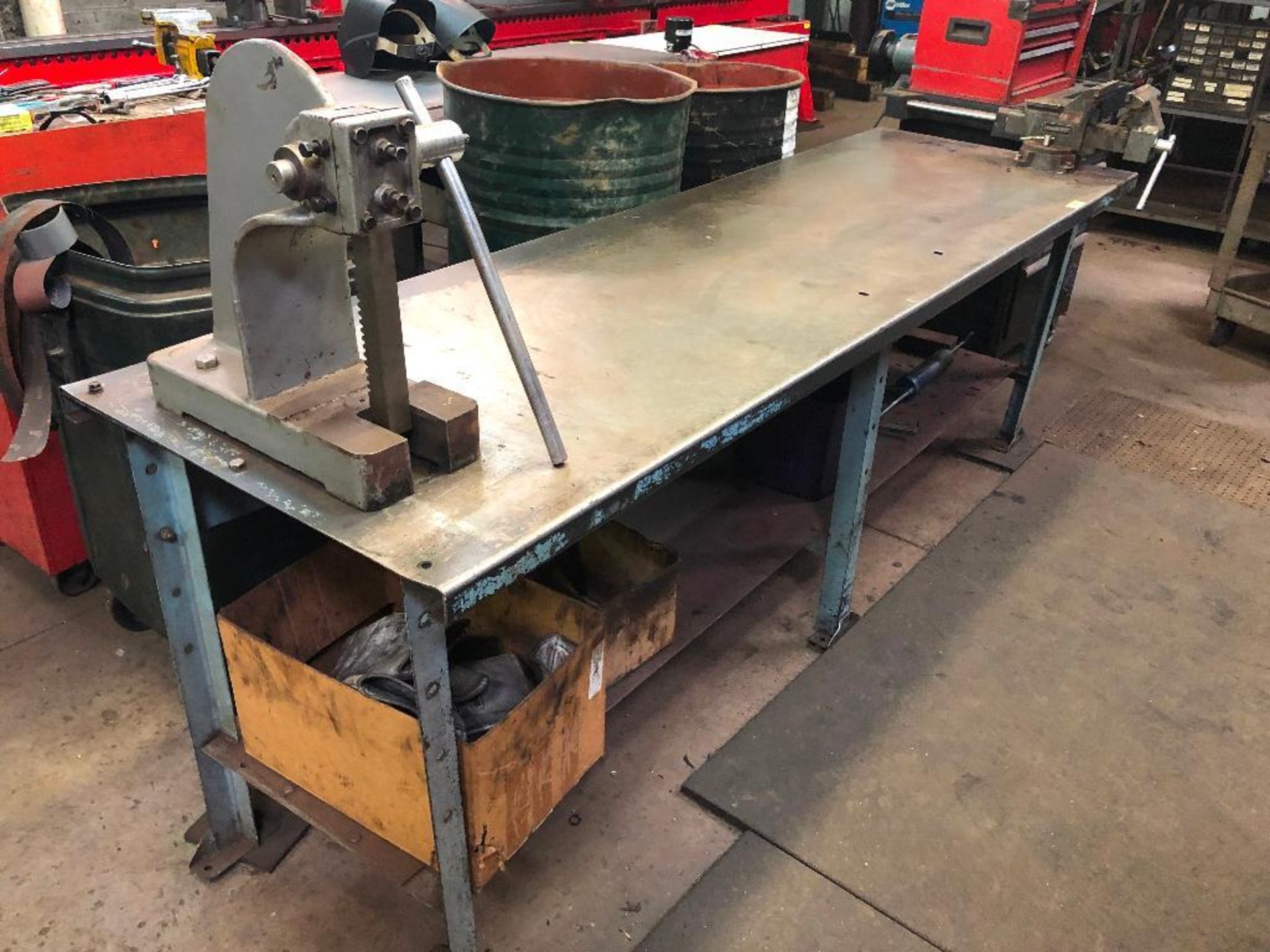 DESCRIPTION: 60" X 29" STEEL WORK TABLE W/ 6" MOUNTED VICE AND ARBOR PRESS. SIZE: 60" X 29" LOCATION