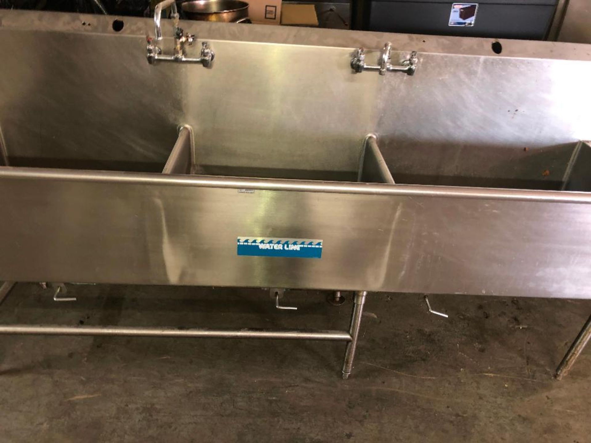 DESCRIPTION: 14' THREE WELL STAINLESS POT SINK W/ LEFT AND RIGHT DRY BOARDS ADDITIONAL INFORMATION: - Image 3 of 3