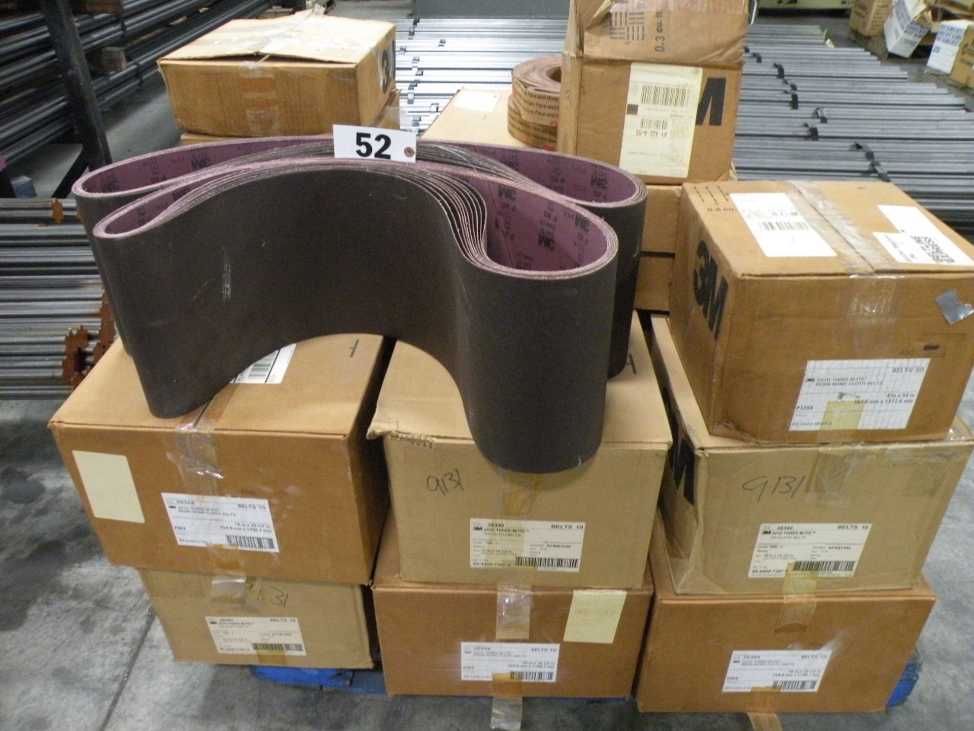 Pallet of 3M Sanding Belts: 10" x 70.5" and 4" x 54", 2" x 48", 2" x 132" (Hopkinsville)