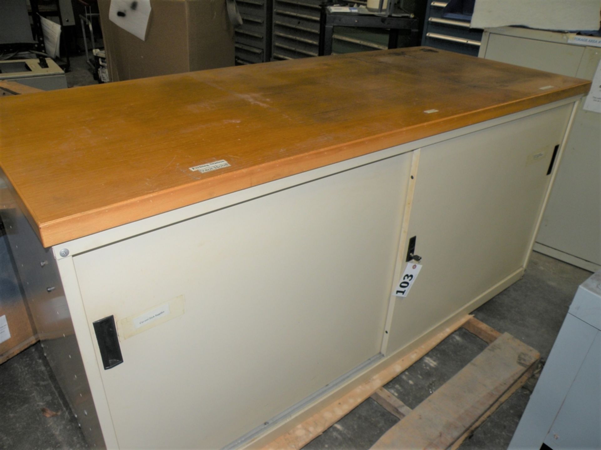 Nice 30" x 72" Metal Cabinet with Wood Top, Sliding Doors, Shelf inside, with Lock and Key