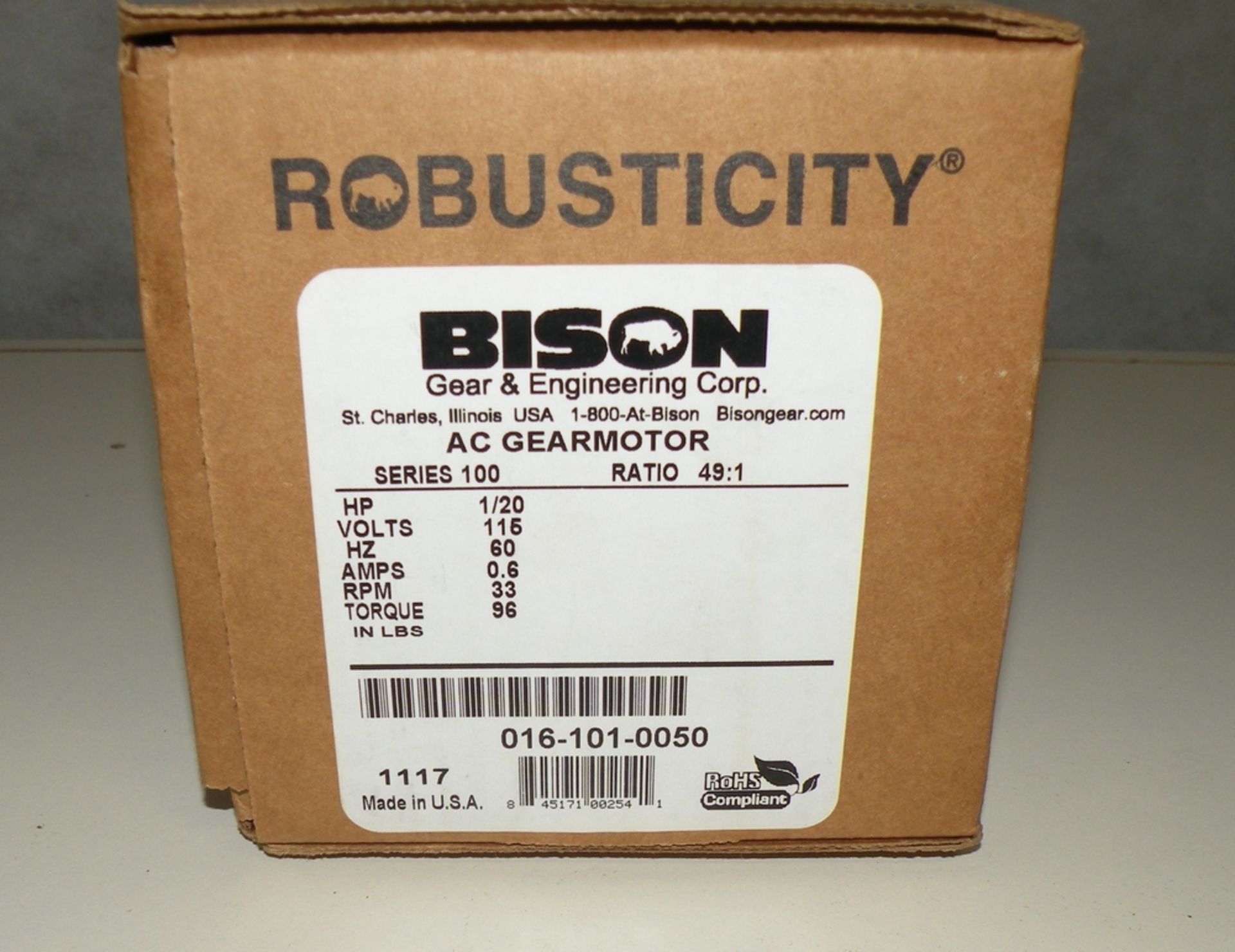 Bison AC Gearmotor, Series 100, 115 Volts, Ratio 49:1, Cat #016-101-0050, New In Box (S Fulton, TN) - Image 3 of 3