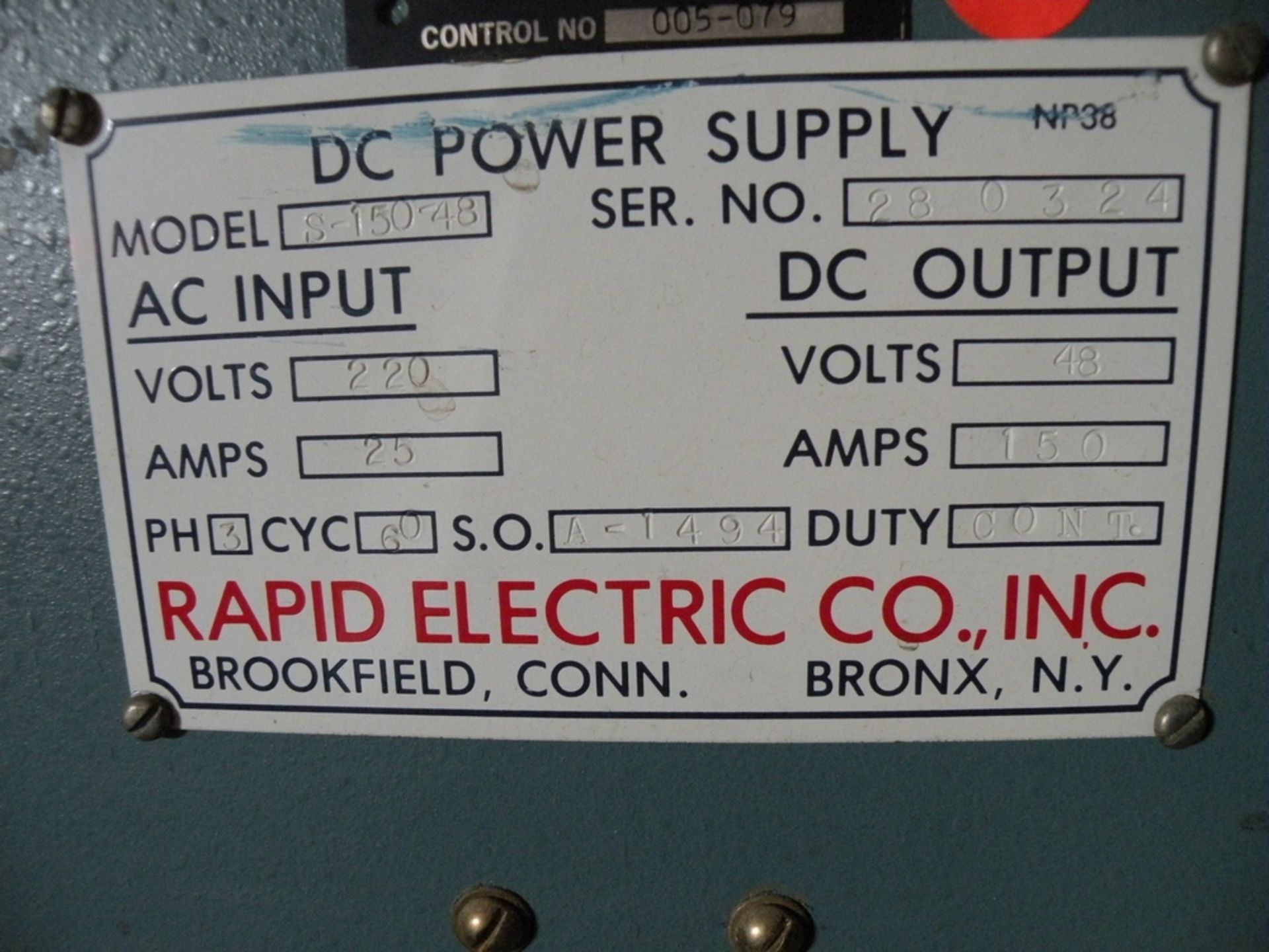 Rapid D.C. Rectifier AC Input 220V, DC Output 150 Amp, 48 Volt (S Fulton, TN) - Image 2 of 4