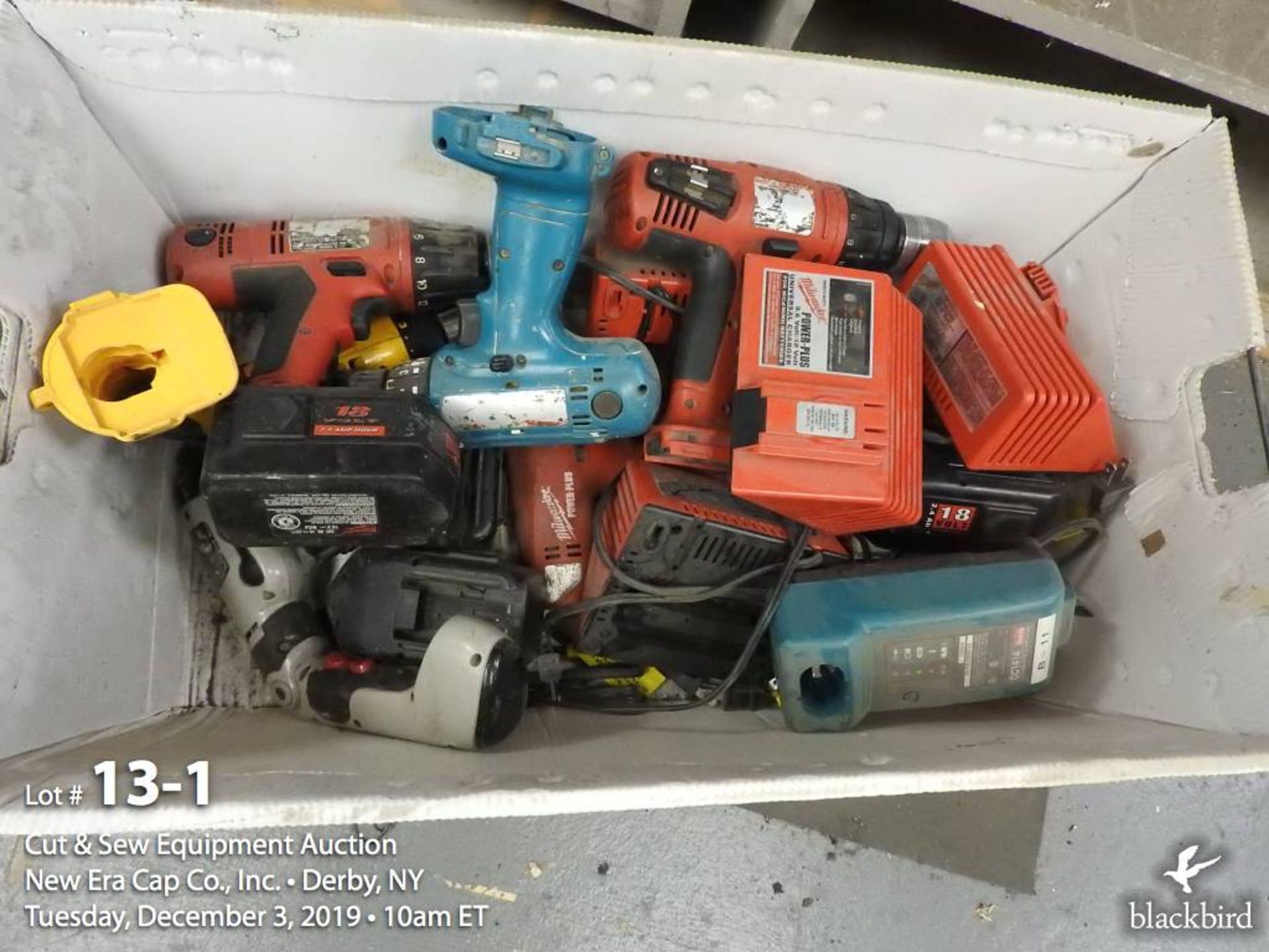 Bin of miscellaneous cordless tools