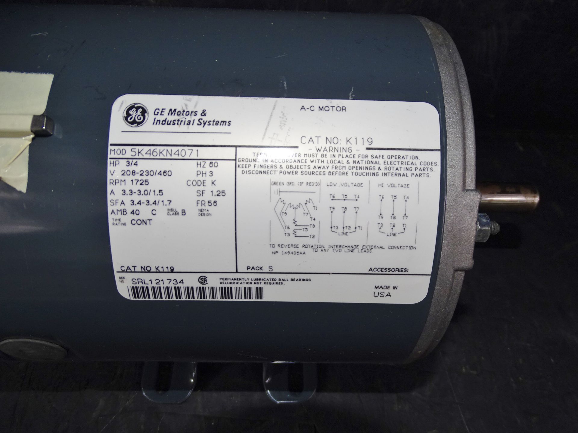 G.E. Model 5K46KN4071, K119, 3/4-HP Electric Motor - Image 2 of 9