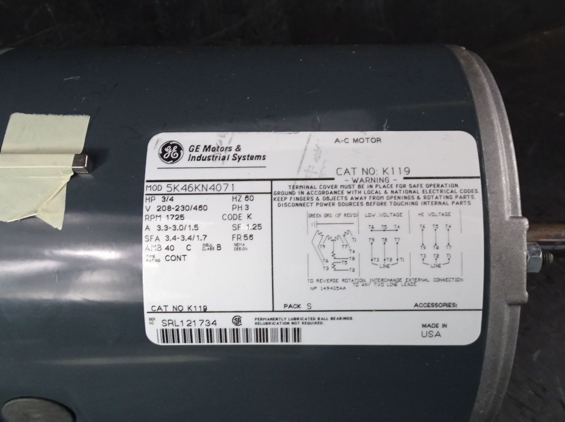 G.E. Model 5K46KN4071, K119, 3/4-HP Electric Motor - Image 6 of 9