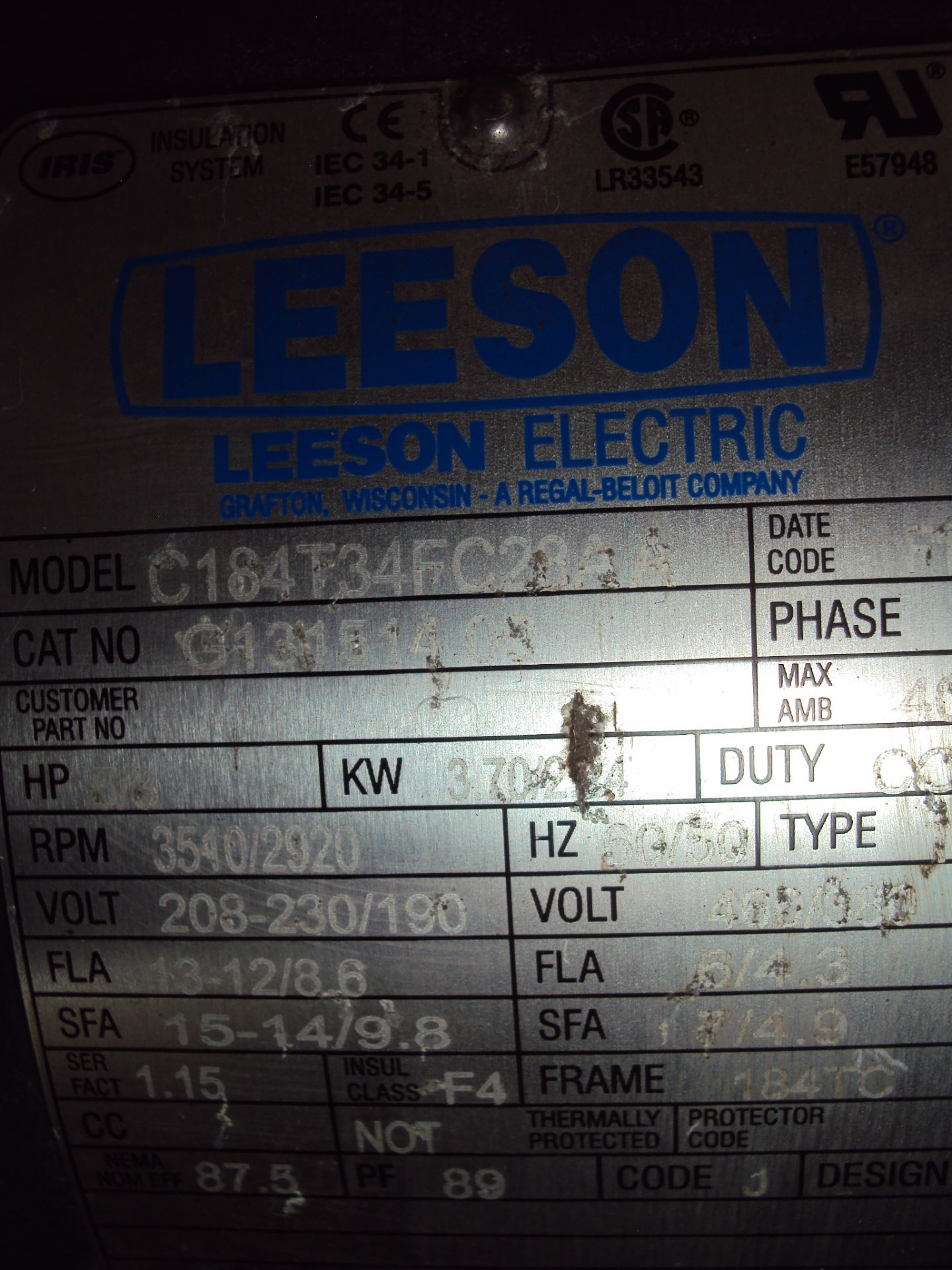 (2) Electric Motors (1) Leeson 5HP (1) Unknown - Image 2 of 4