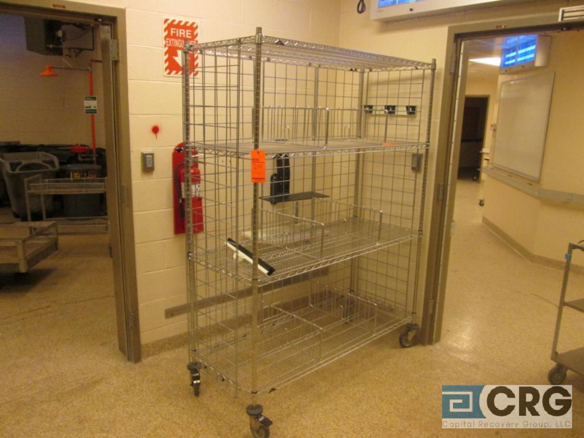 Lot, includes - 3 asst portable Metro racks with contents - asst coffee pots, dispensers, chafers,