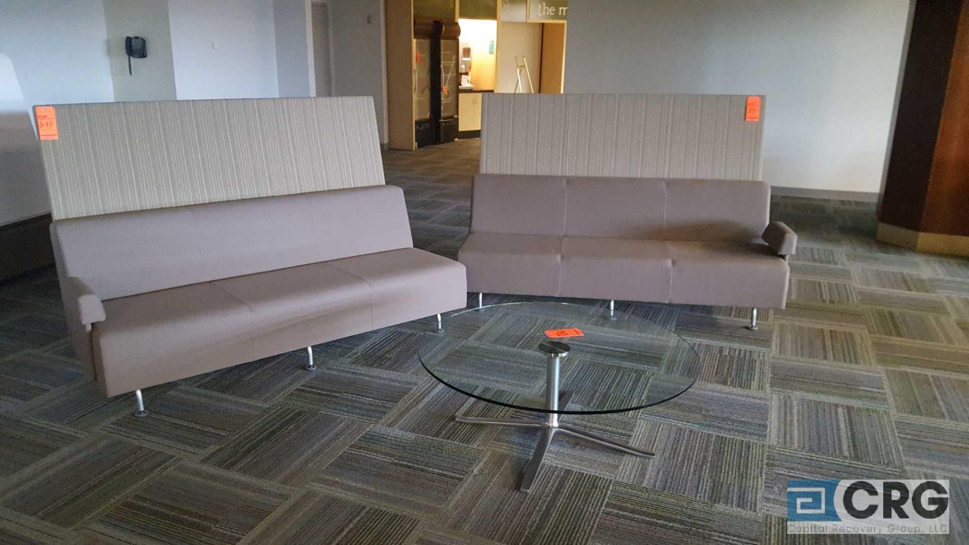 1 lot of (5) assorted sofas with high backs, 1 glass top coffee table (2nd lobby) - Image 2 of 2