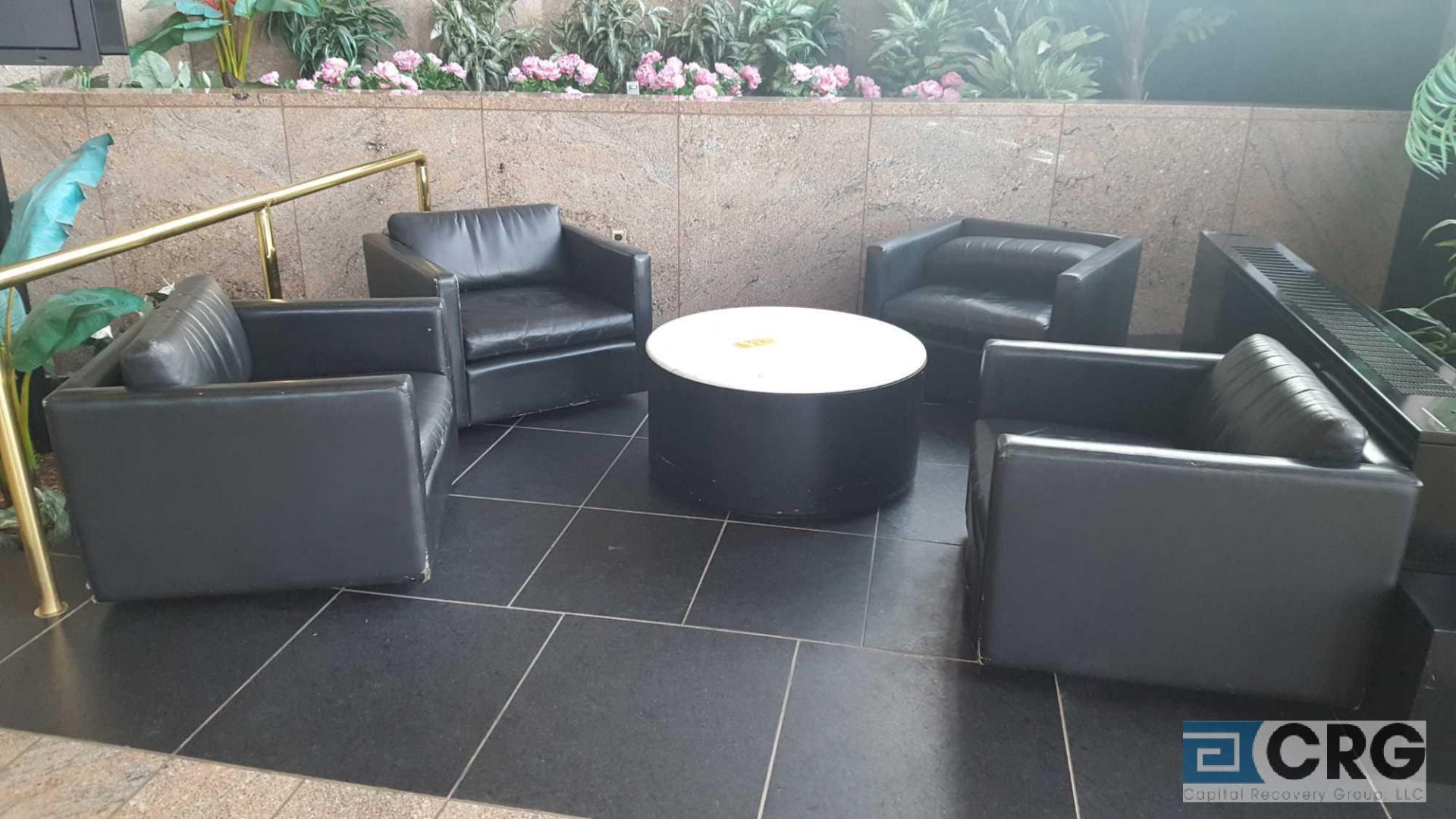 1 lot of assorted Lobby Furniture, including for leather type upholstered lounge chairs, 2 round