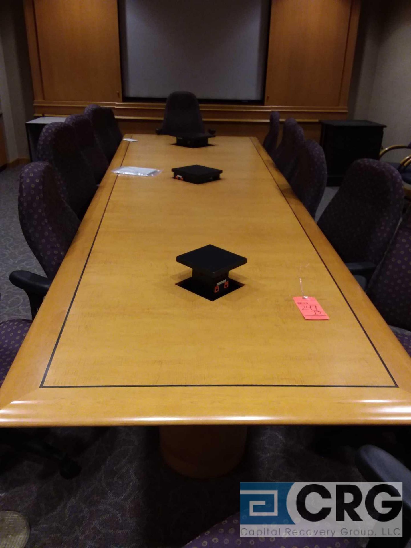 Approx 15 ft long, 3 pedestal, tapered confrence table with (14) multi-task rolling chairs, and (