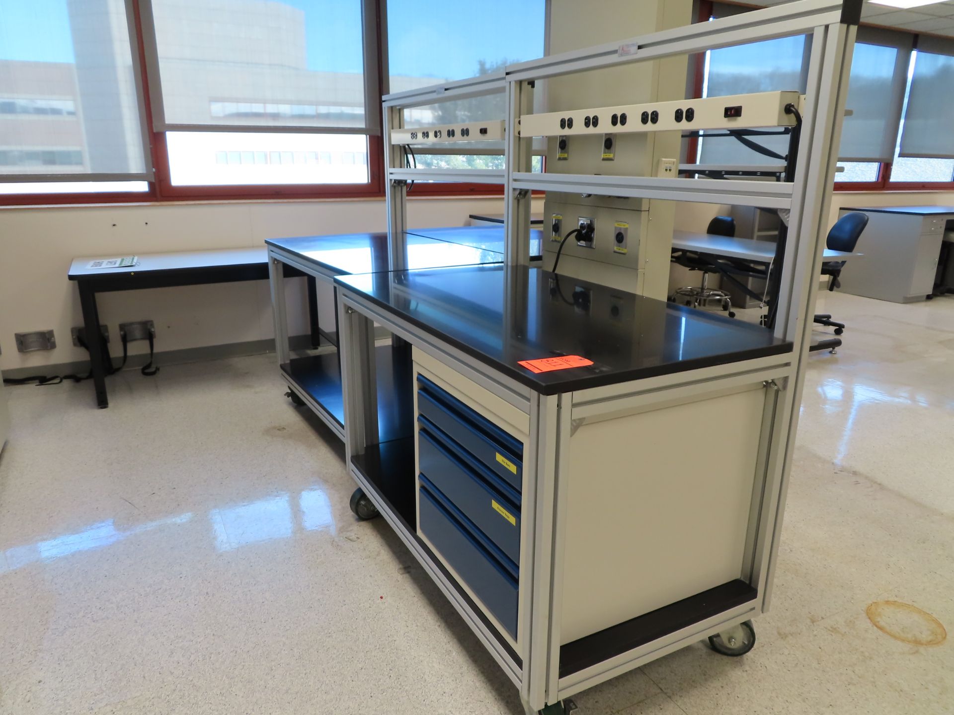 Lot of (3) Kewaunee Scientific mobile lab counters, (2) have 3 drawers, 54" X 30", all have electric