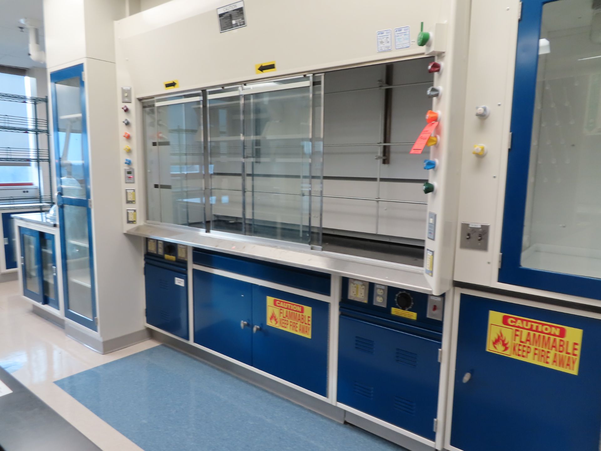 Lot of (2) Kewaunee Supreme Air fume hoods with base cabinets, 7'4" X 26", located in A Wing, 4th
