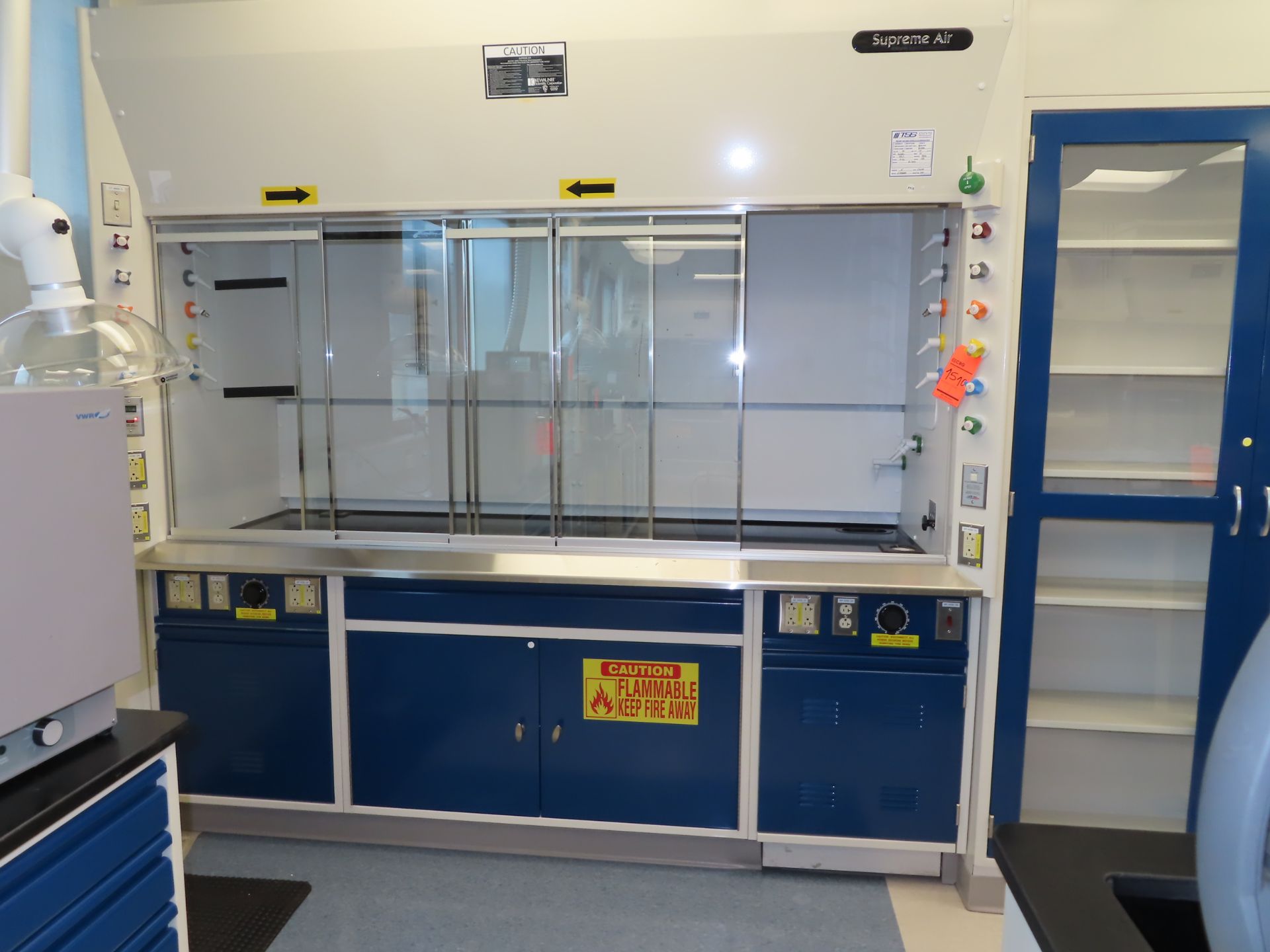 Lot of (2) Kewaunee Supreme Air fume hoods with base cabinets, 7'4" X 26", located in A Wing, 4th