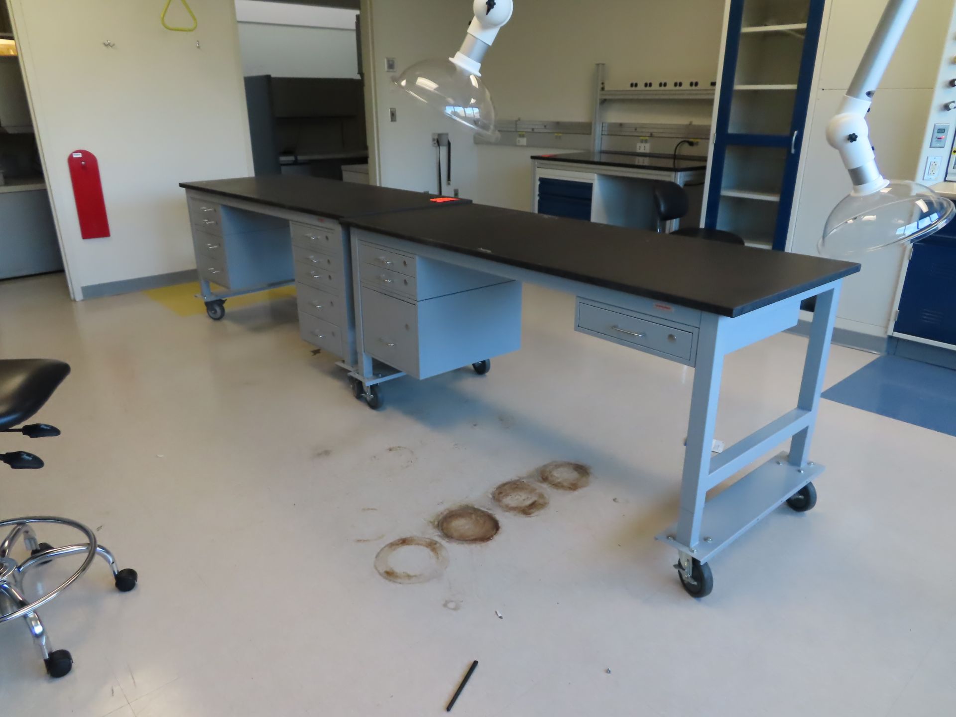 Lot of (2) Kewaunee Scientific lab benches with soapstone tops , drawer pedestal bases 6' X 30",