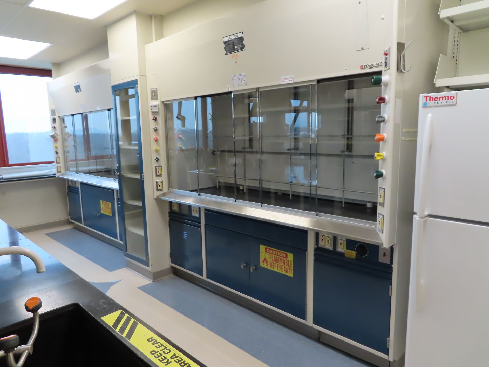 Lot of (2) Kewaunee FH fume hoods with base cabinets, 7'4" X 26", located in D Wing, 4th floor, room