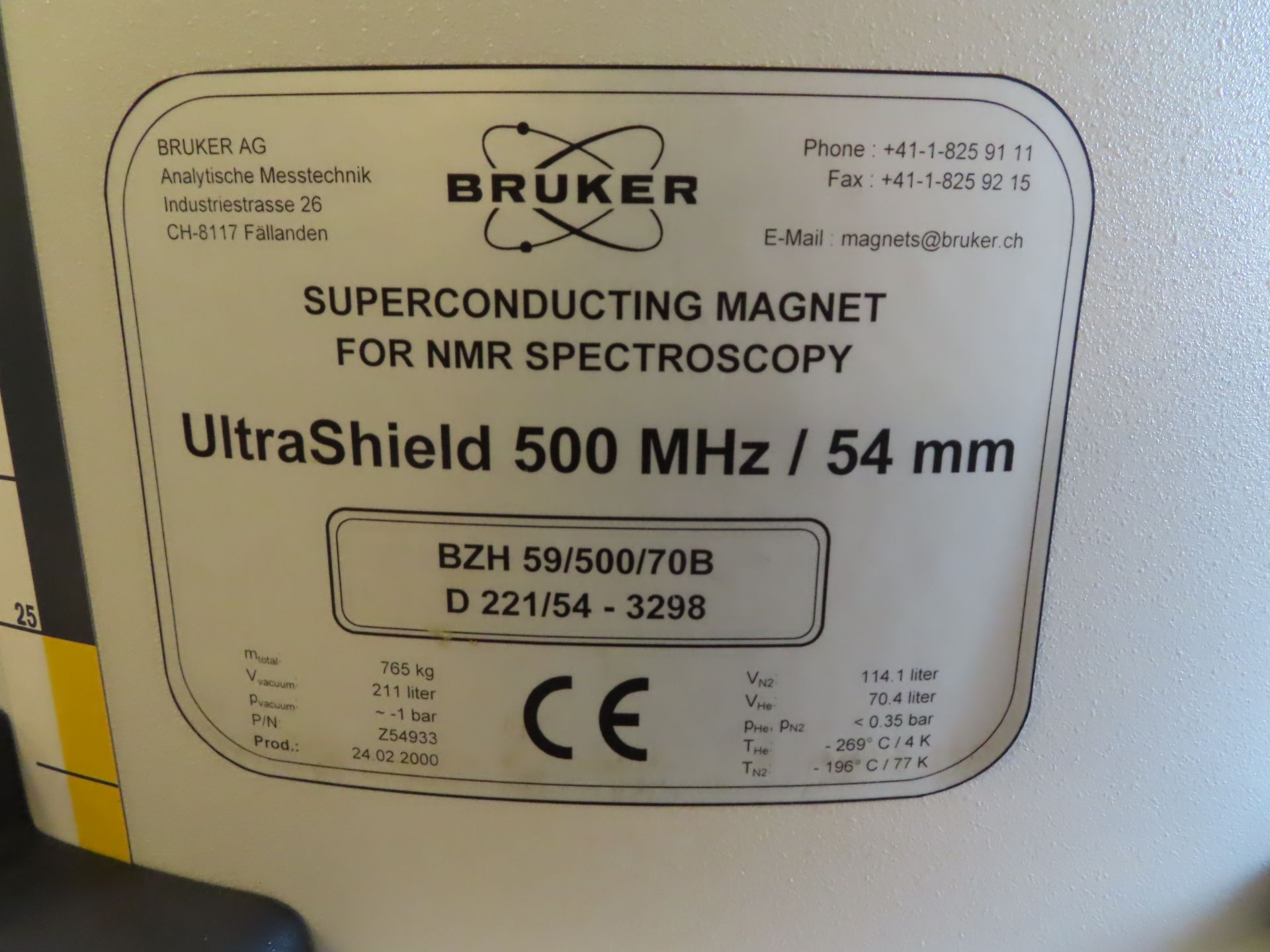 Bruker model BZH59/500/70B NMR Super conducting ultrashield magnet, cryostat D221/54-3298, located - Image 2 of 2