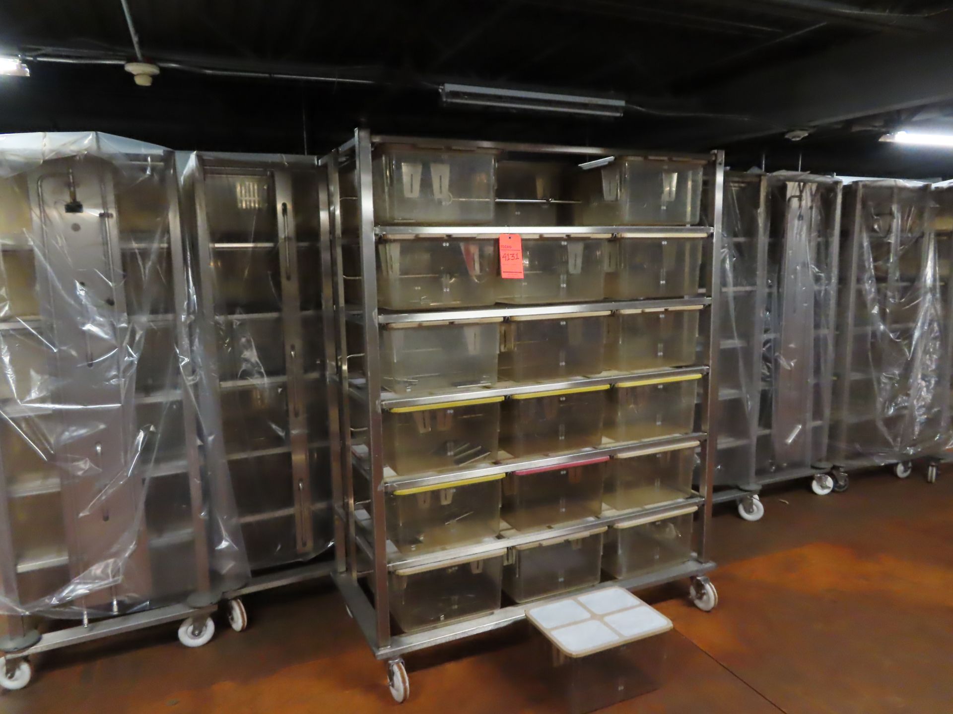 Lot of (9) stainless rodent racks with (36) palstic tubs, each with two feeders, 55" X 25" X 70",