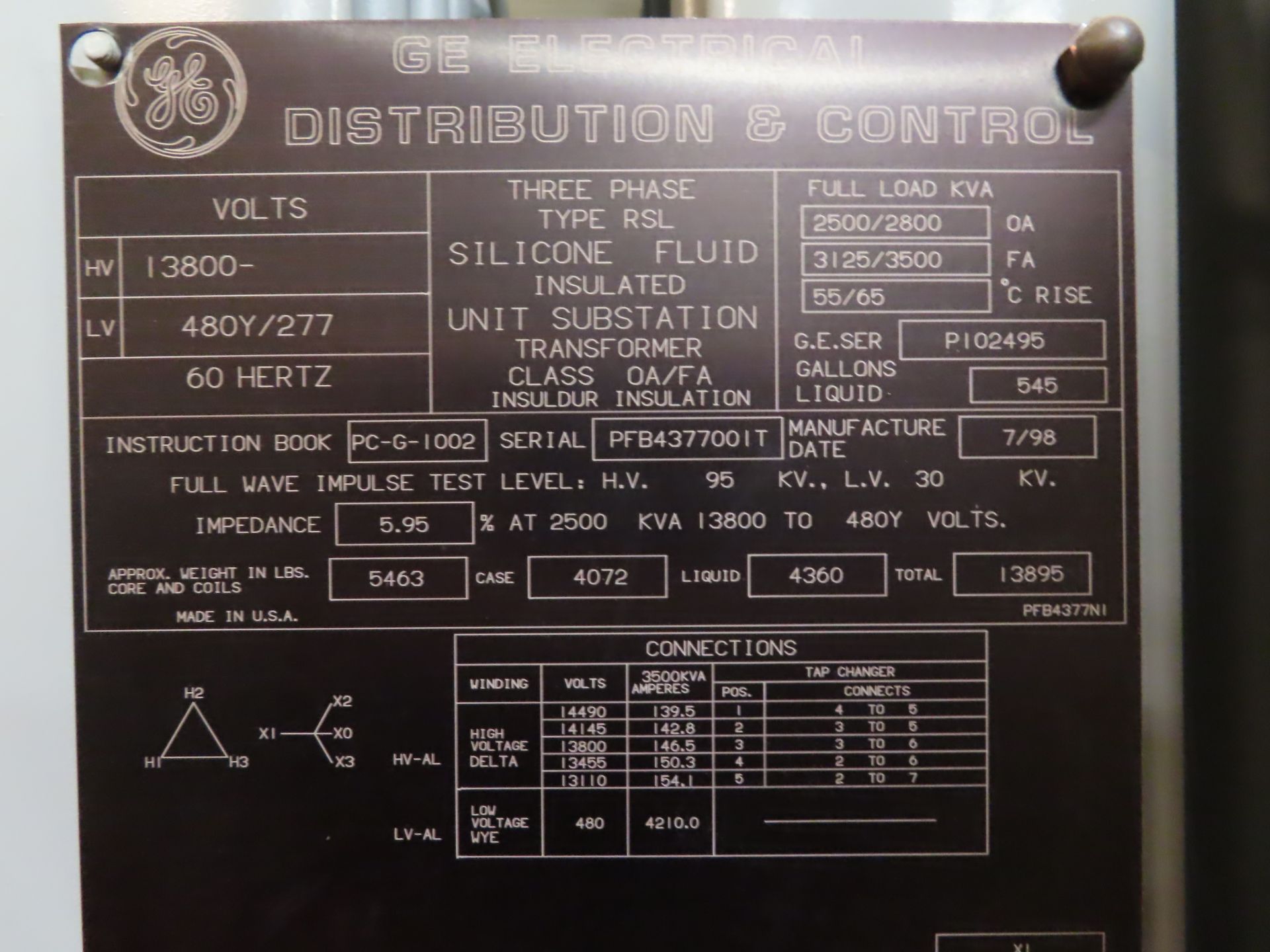 GE silicone fluid insulated unit substation transformer, s/n PFB4377001T (1998), HV 13,800, LV 480/ - Image 3 of 7