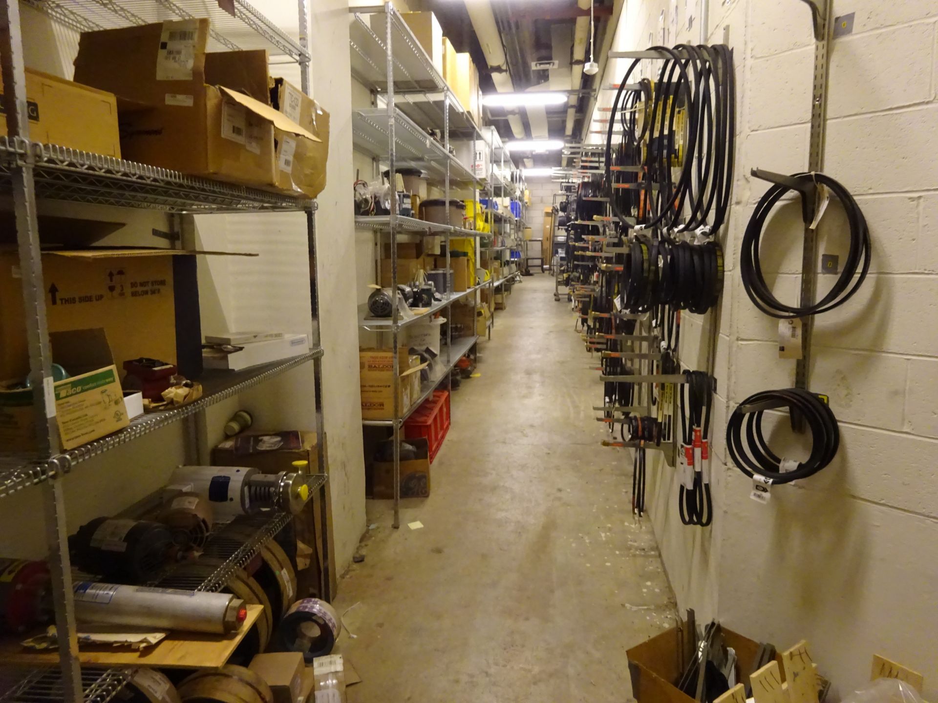 Parts and supplies store room (basement) including pumps, valves, pillow blocks, PVC, surplus - Image 10 of 10