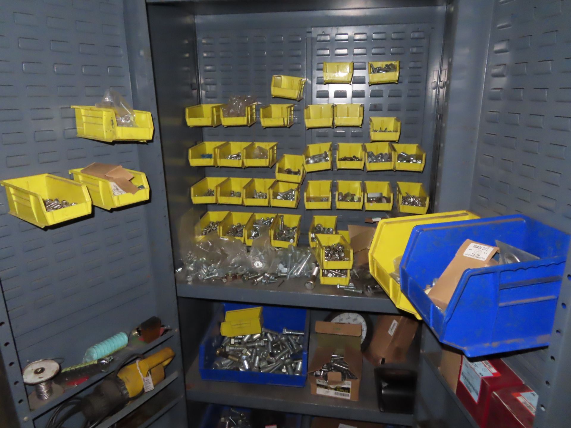 Lot including: (1) 2 door metal parts cabinet with tray bins, nuts, bolts, (1) multi bin small parts - Image 2 of 3