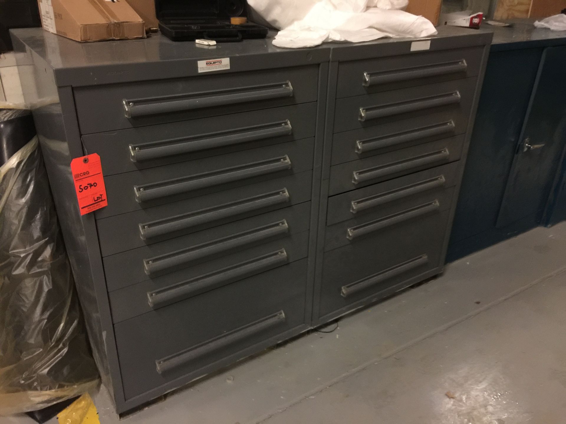 (2) 7-drawer Vidmar style lot of tool cabinets with 7ft by 7ft Butcher Block top work bench