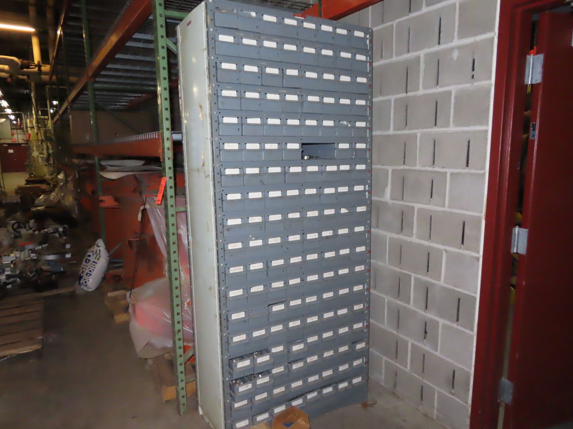 Lot including: (1) 2 door metal parts cabinet with tray bins, nuts, bolts, (1) multi bin small parts - Image 3 of 3