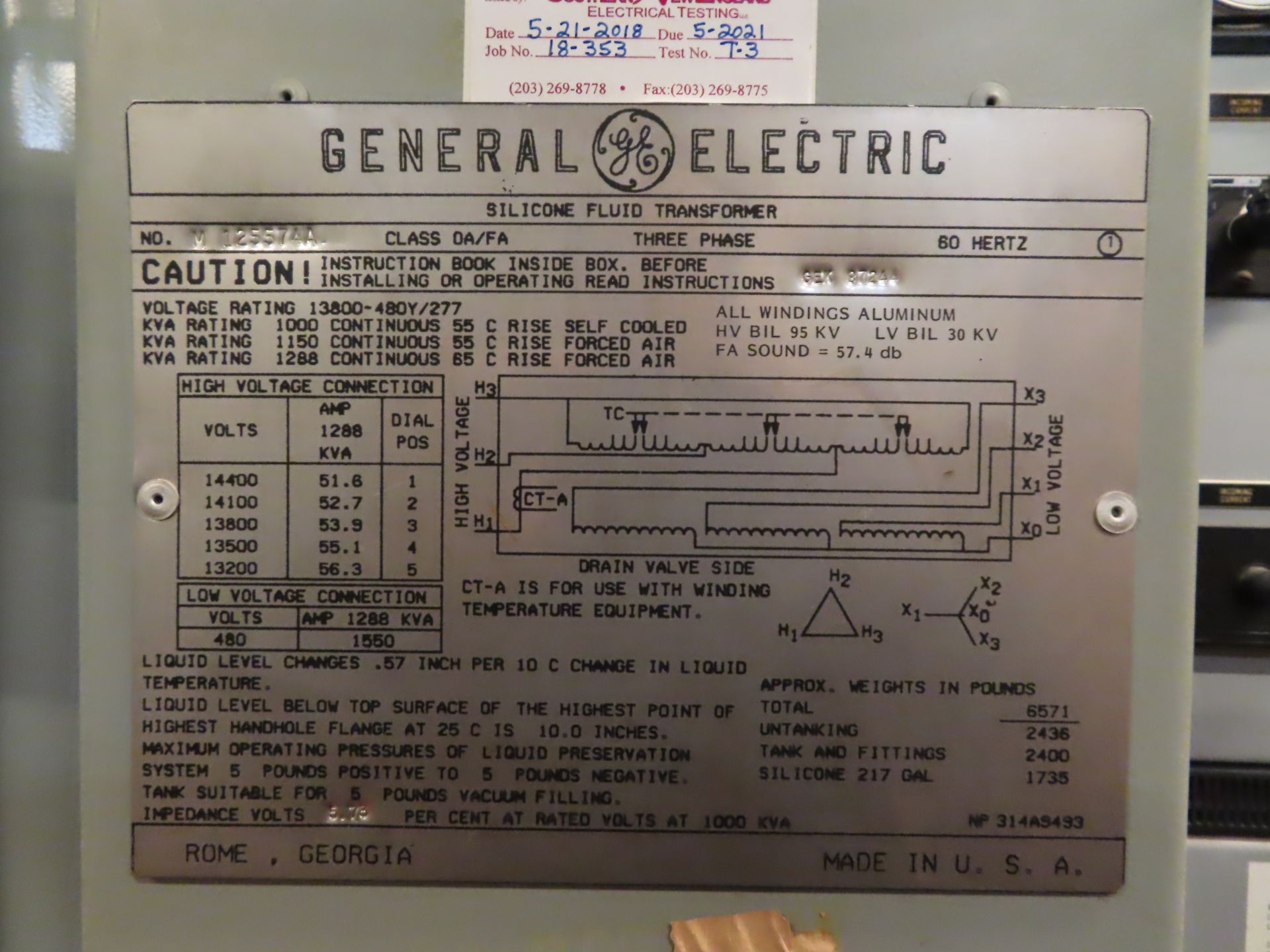 Lot of (2) GE silicone fluid transformers, class OA/FA, 3 phase, s/n's M125574A & M125574B, HV 14, - Image 5 of 11