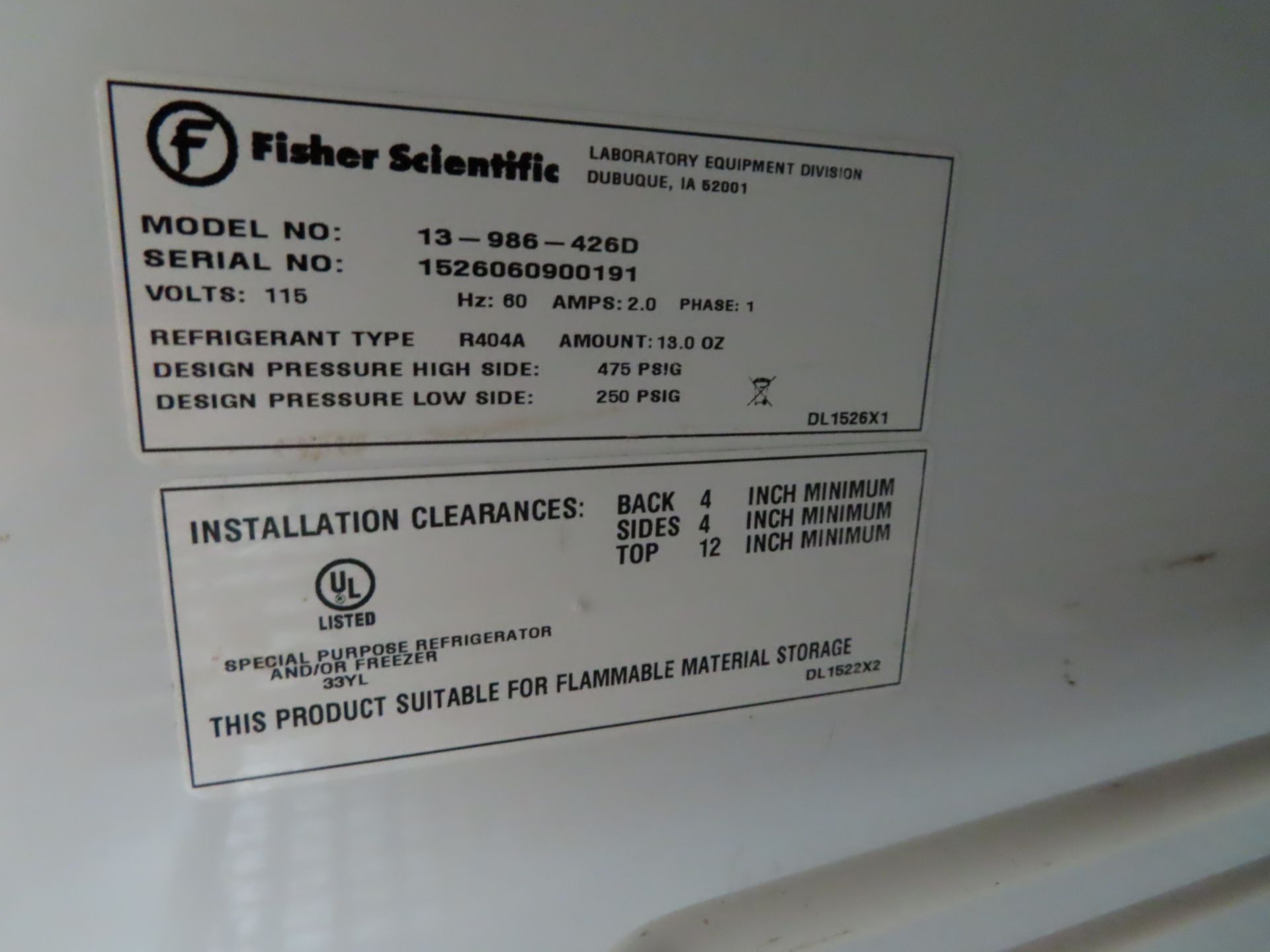 Fisher Isotemp flammable material storage refrigerator, located C wing 4th floor, room 465A - Image 2 of 2