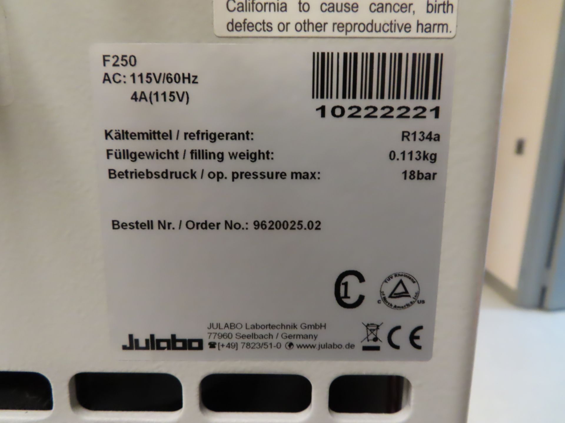 Julabo F250 recirculating cooler, s/n 10222221, located C wing 4th floor, room 459A - Image 2 of 2