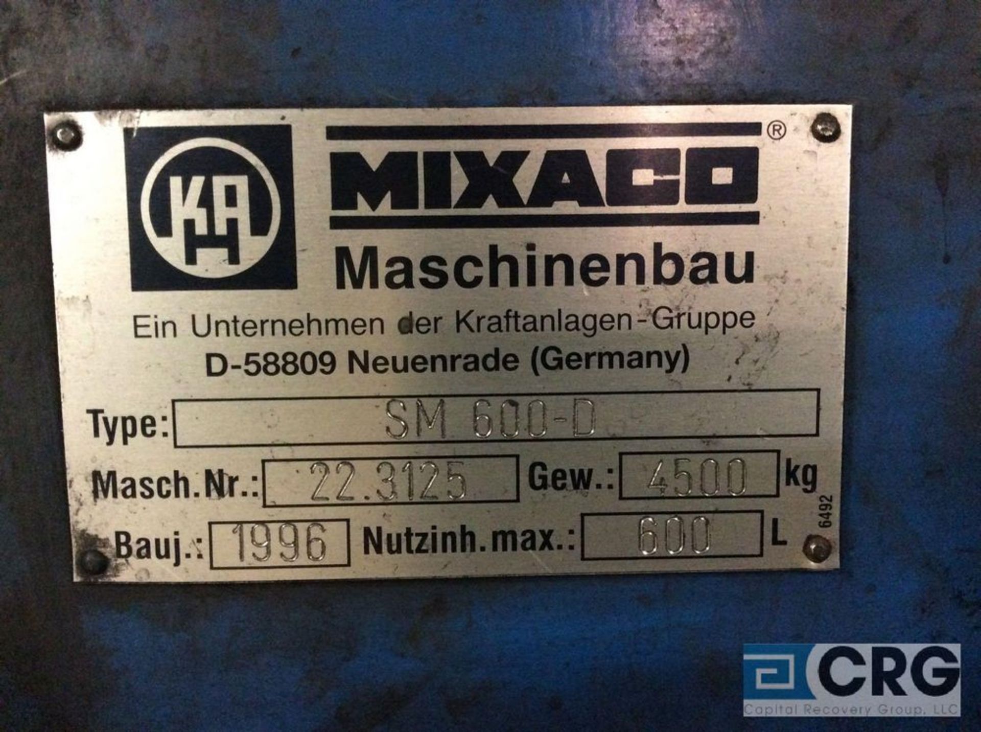 1996 Mixaco rotary mixer, mn SM600-D, sn , 600 liter stainless steel lined, 4500 kg capacity, 100 - Image 4 of 5
