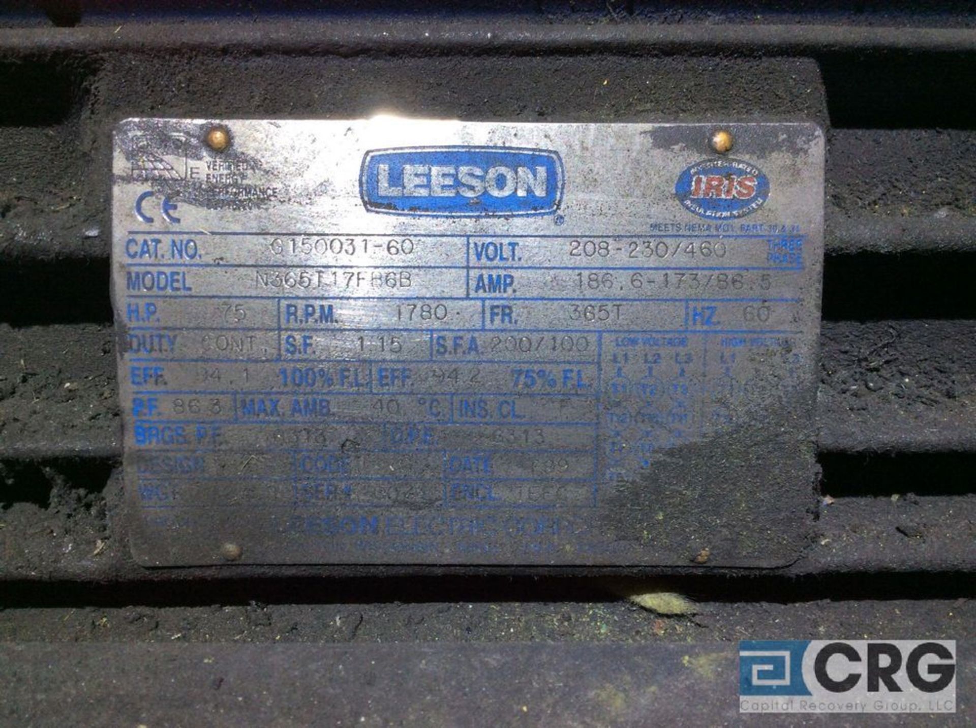 Leeson AC motor, 75 hp, 1750 rpm, 365T frame, 208-230/460 volt 3 phase - Image 2 of 2