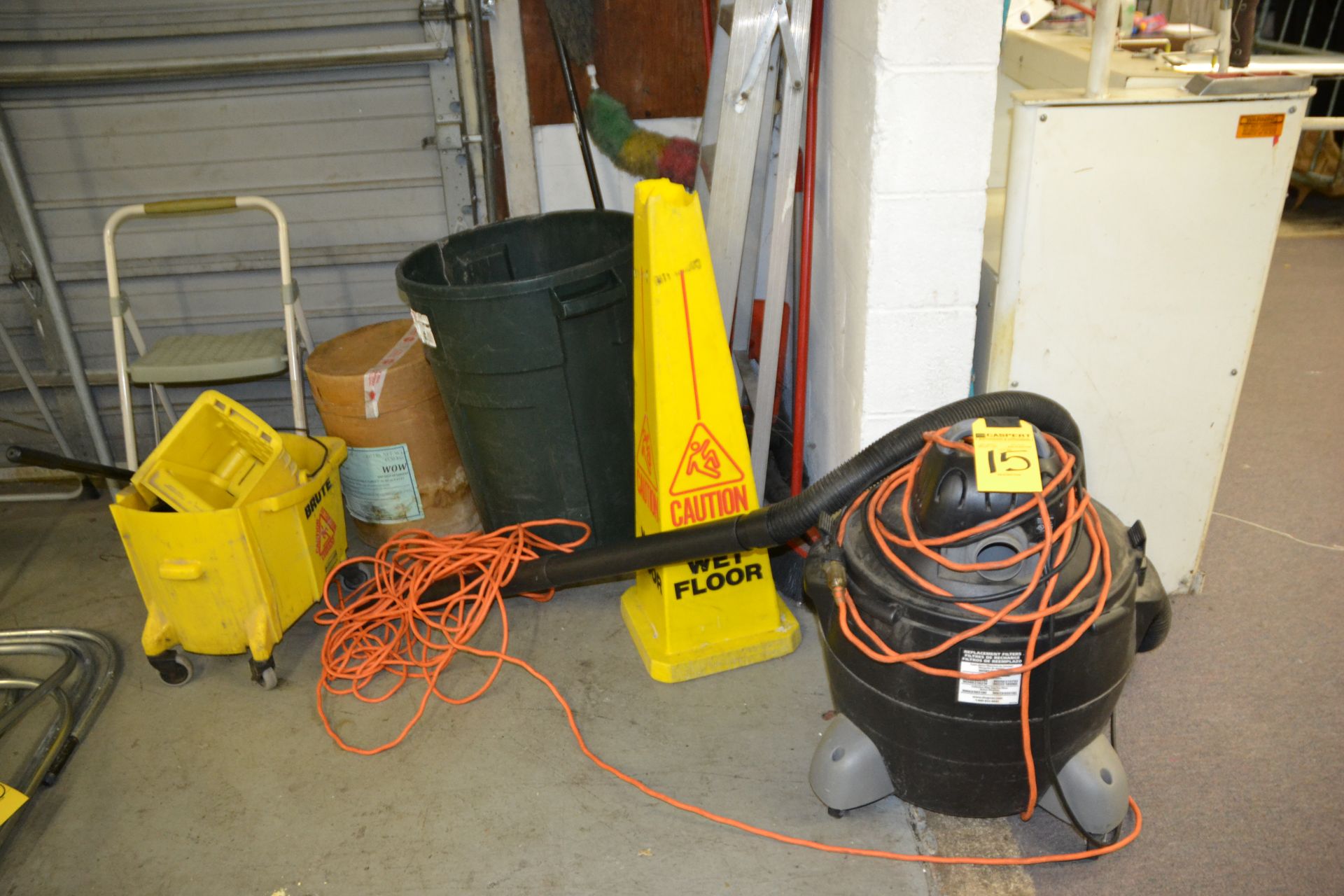 Lot - Wet / Dry Vacuum, 5' Ladder, (2) Stools, Pail & More
