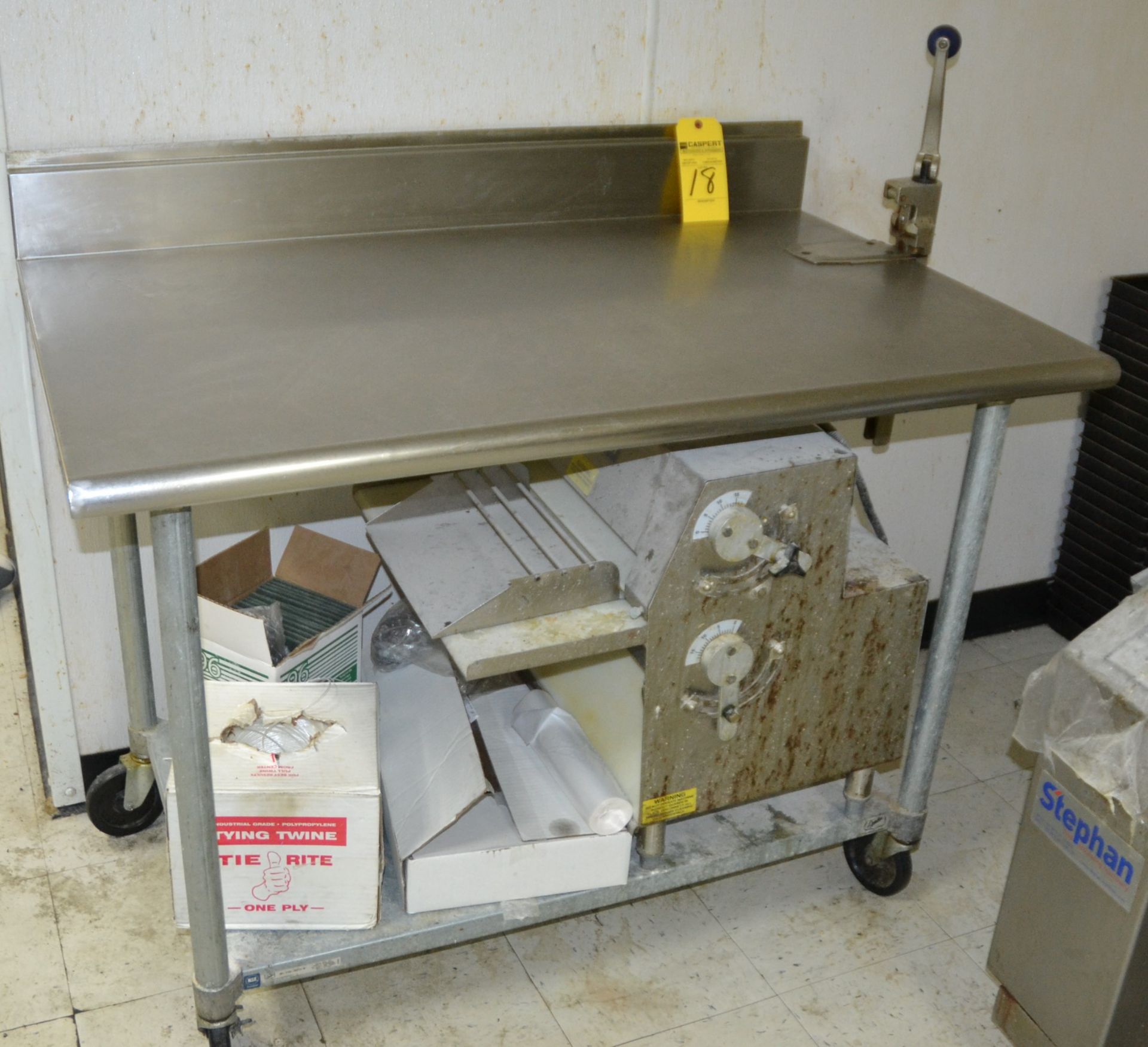 30" X 48" PREP TABLE WITH #10 OPENER, ROLLING WITH BACK LIP