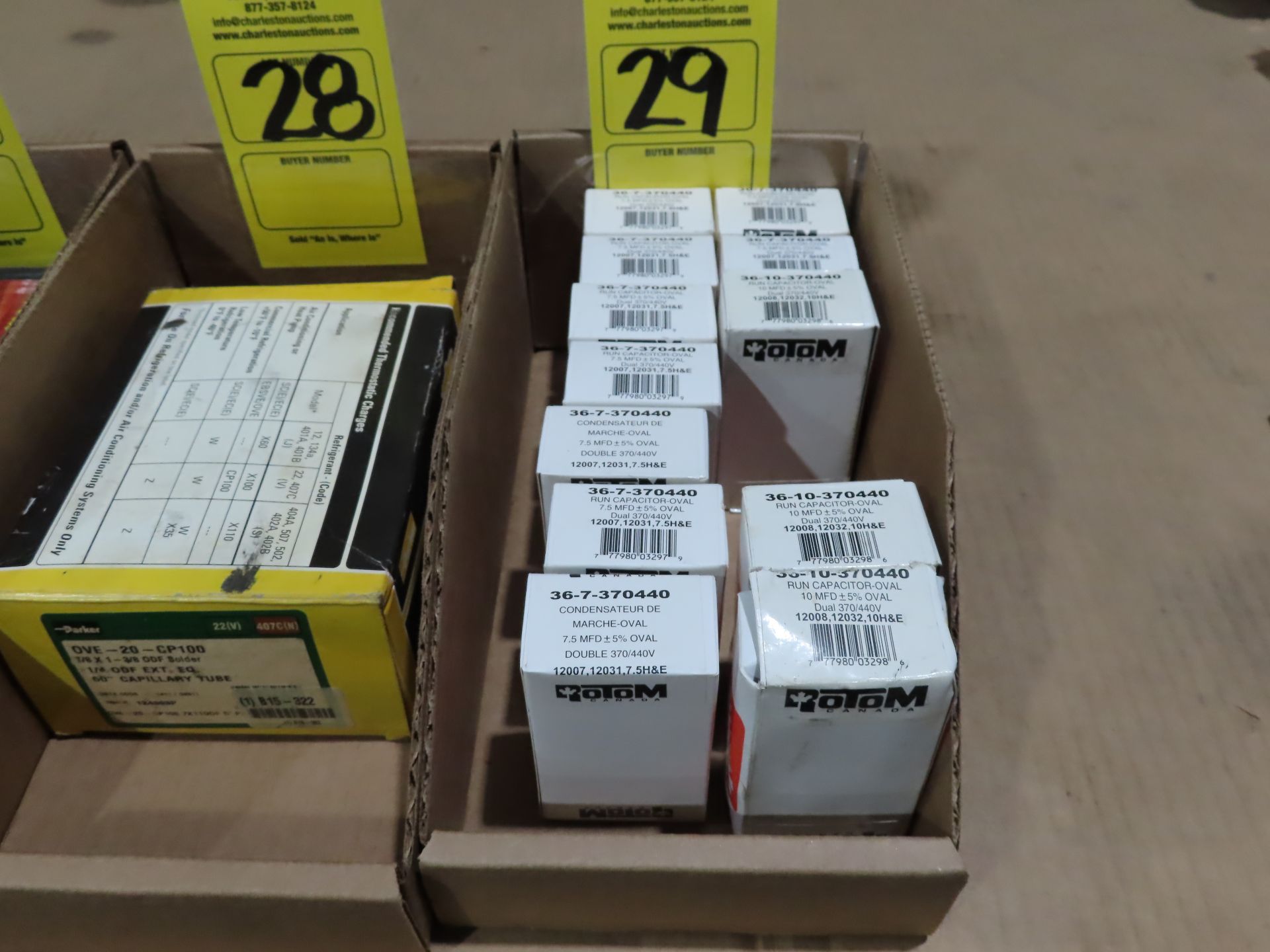 Qty 12 Rotom capacitors, (9) model 36-7-370440, (3) model 36-10-370440, new in boxes, as always,