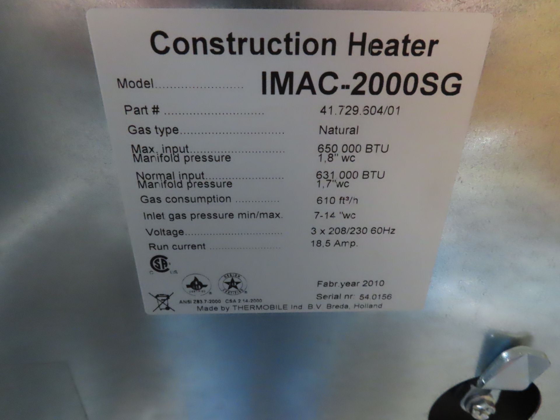 Thermobile Model IMAC-2000SG construction heater, 650,000btu, new old stock with zero hours, as - Image 5 of 7