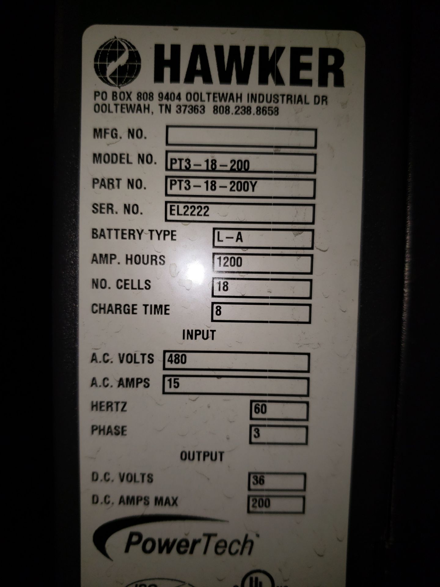 HAWKER POWER TECH BATTERY CHARGER MODEL-PT3-18-200 36 VOLT - Image 2 of 2