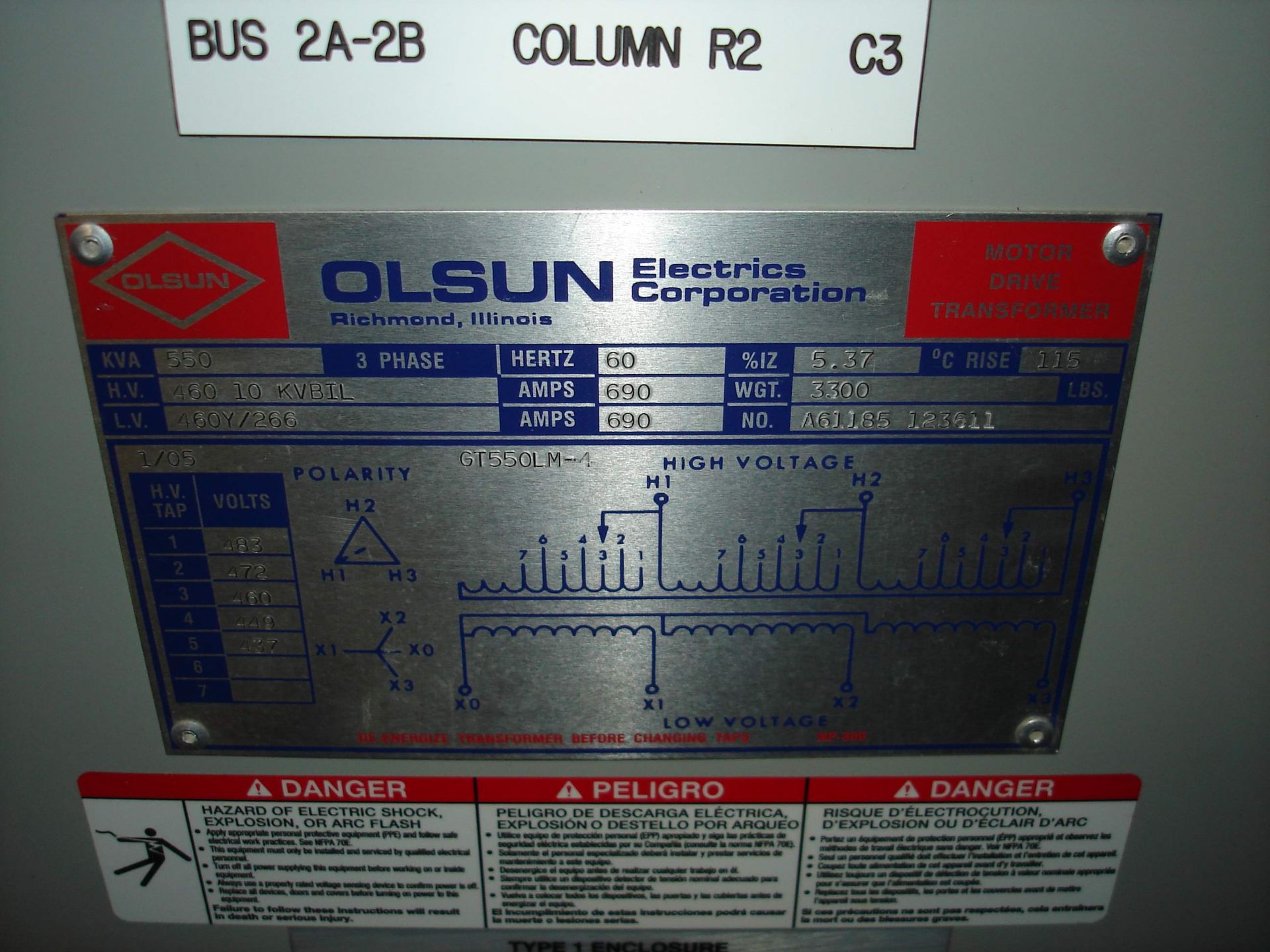 (1) VERY LARGE OLSUN ELECTRIC A61165 MOTOR DRIVE TRANSFORMER 550KVA 3PH 690A REFER TO PHOTOS! - Image 2 of 3