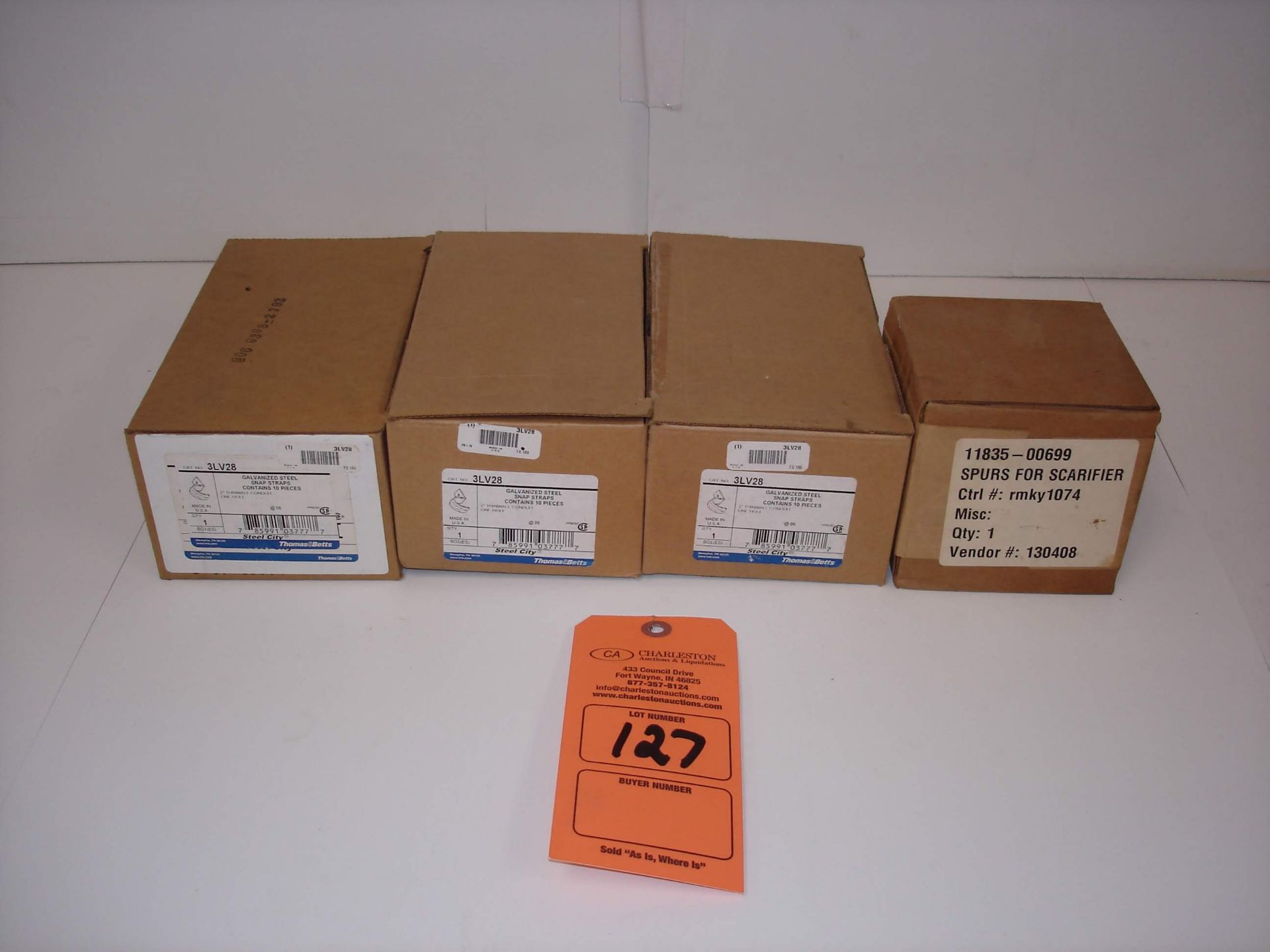 (4) MISC ELECTRICAL FITTINGS AND MORE: THOMAS AND BETTS GALVANIZED STEEL SNAP STRAPS 10/BOX AND