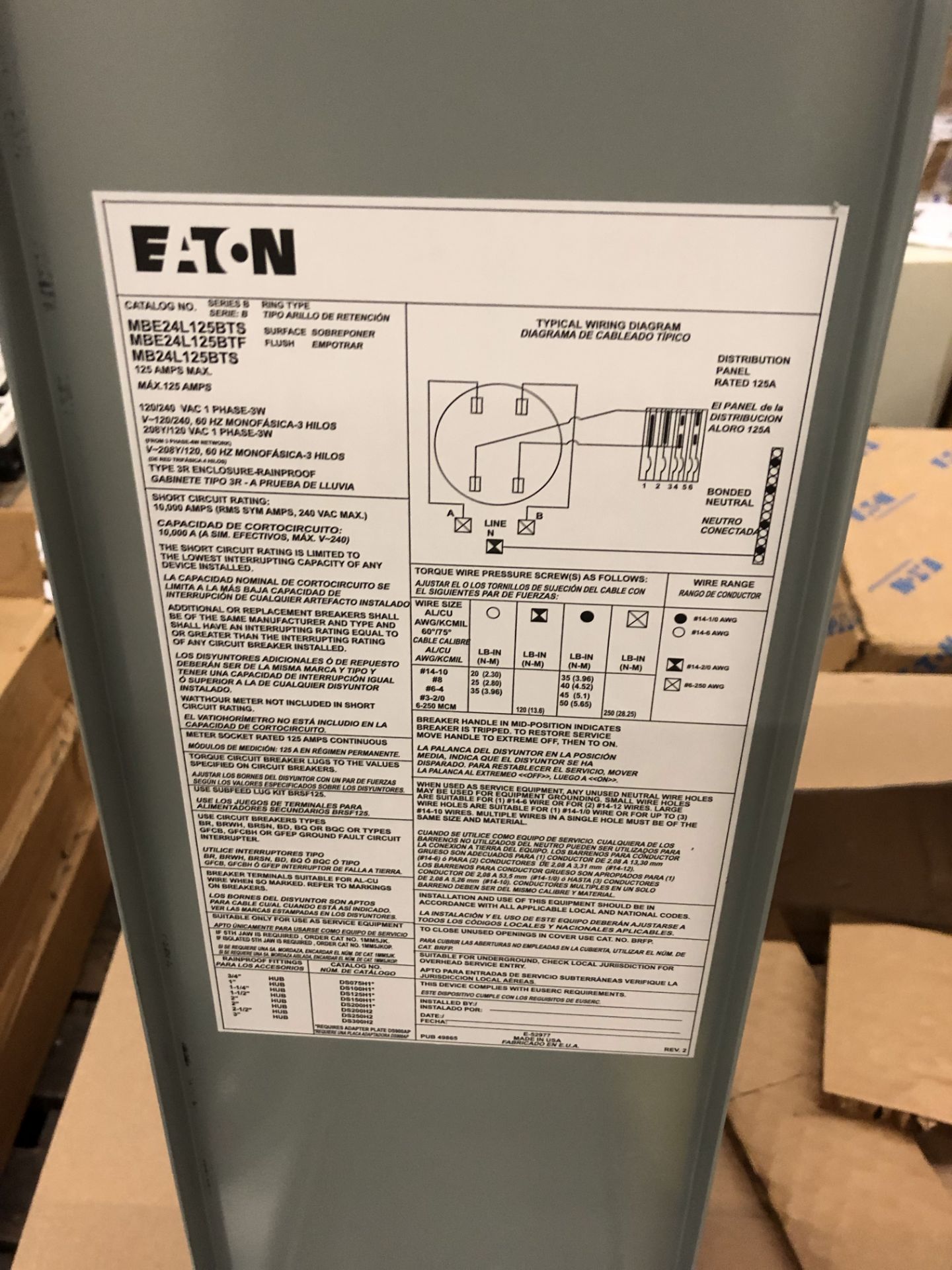 PALLET OF (8) EATON 125A OUTDOOR METER BREAKERS; 4 SPACE; 6 CIRCUITS C#MBE24L125BTS - Image 3 of 4
