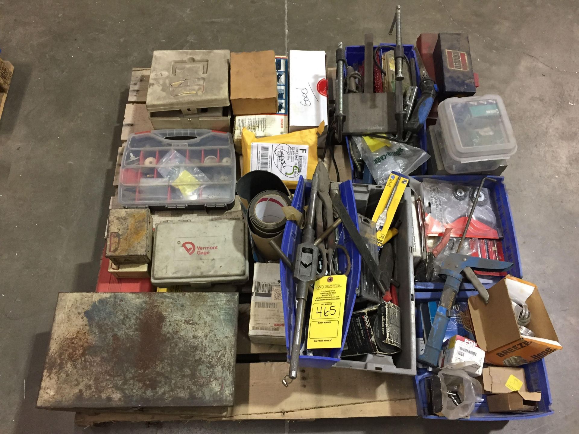 PALLET OF MISC. INCLUDING HAND TOOLS & PIN GAUGES