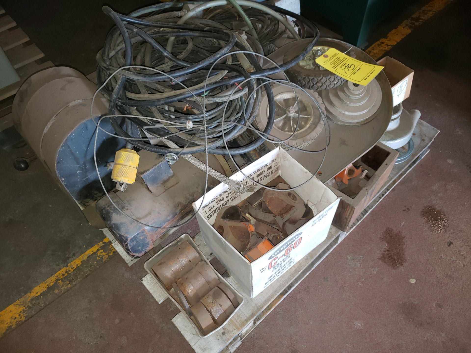 PALLET OF MISC. SAW BLADE; WIRE; MOTORS & VARIOUS MACHINE PARTS